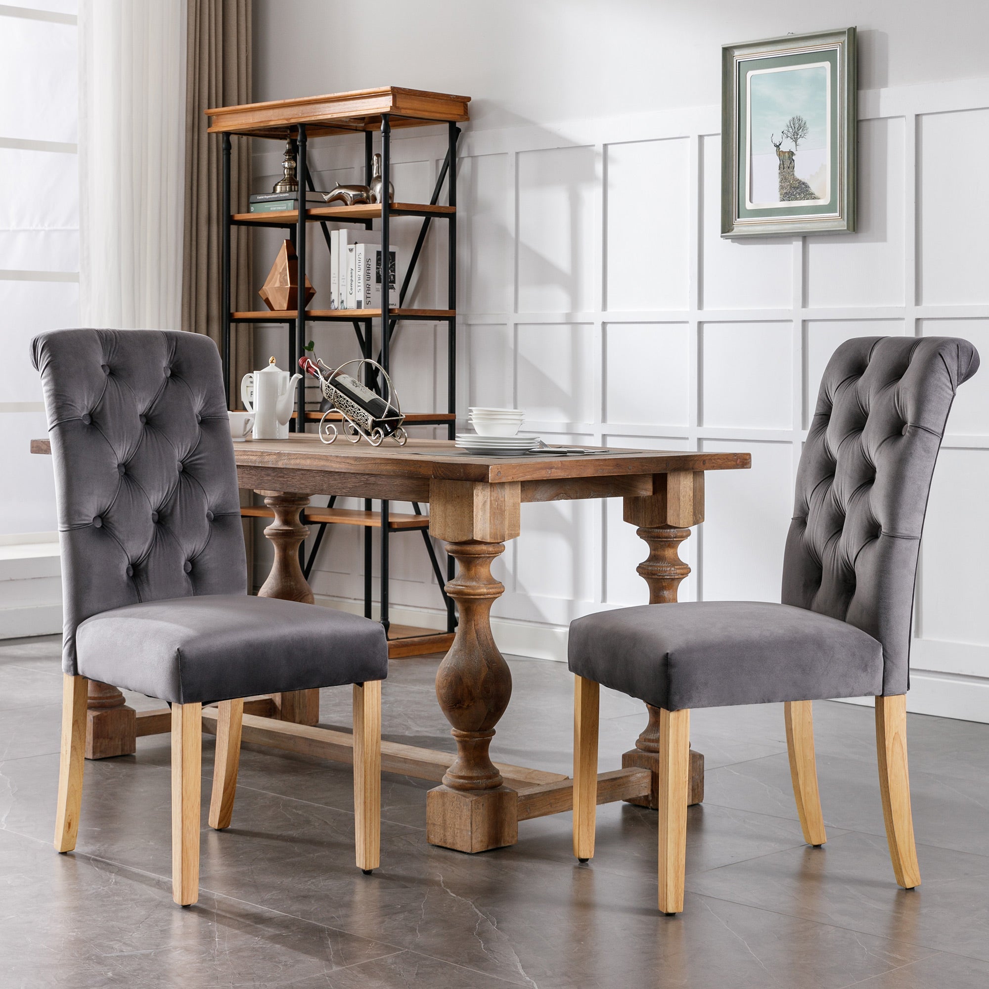 Logidon Velvet Dining Chairs Set of 6 With Oak Legs Gray Button