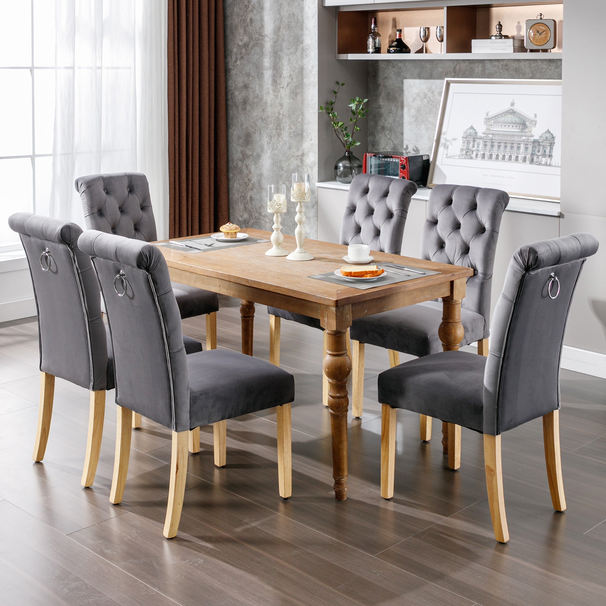 Logidon Velvet Dining Chairs Set of 6 With Oak Legs Gray Button