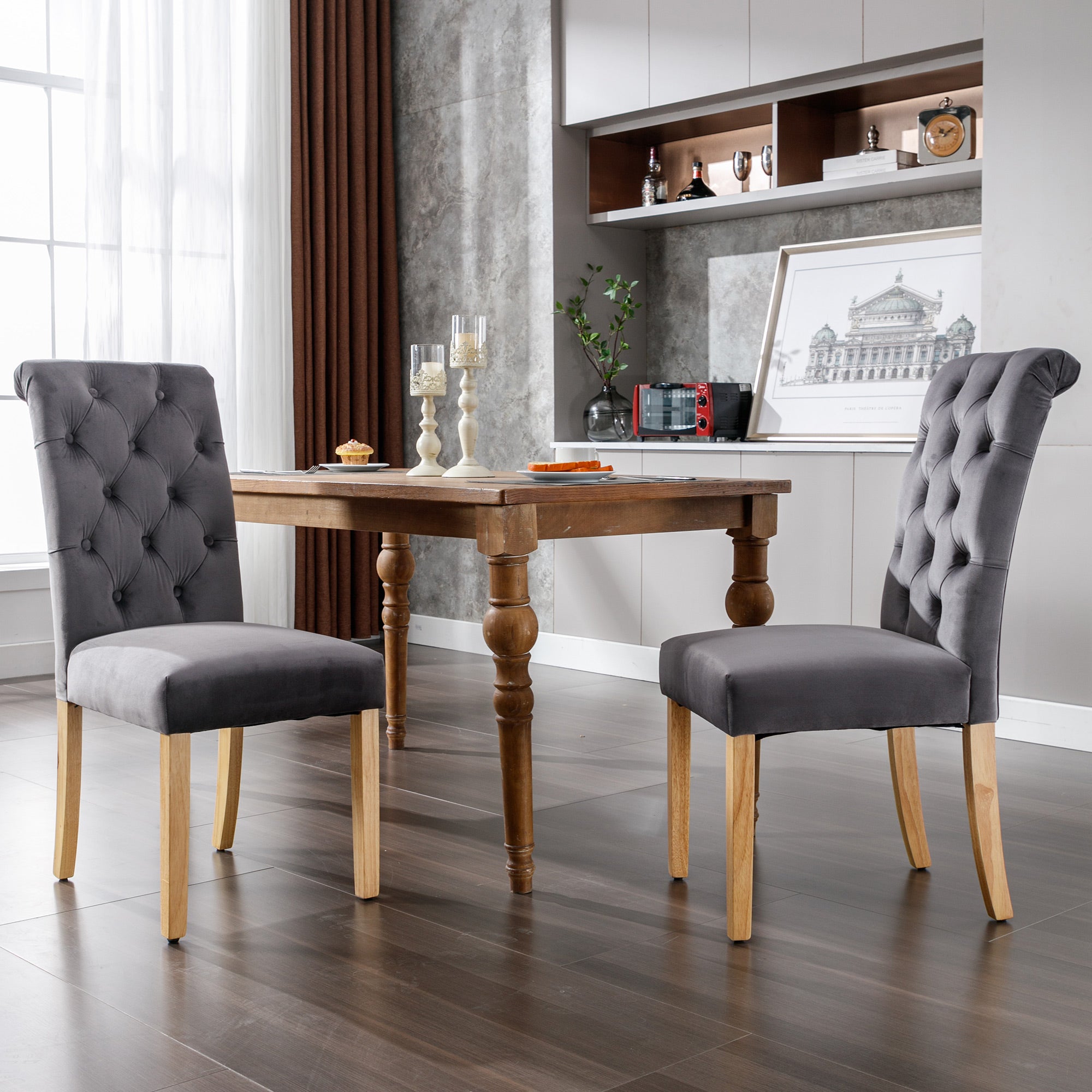 Logidon Velvet Dining Chairs Set of 2 Gray With Oak Legs
