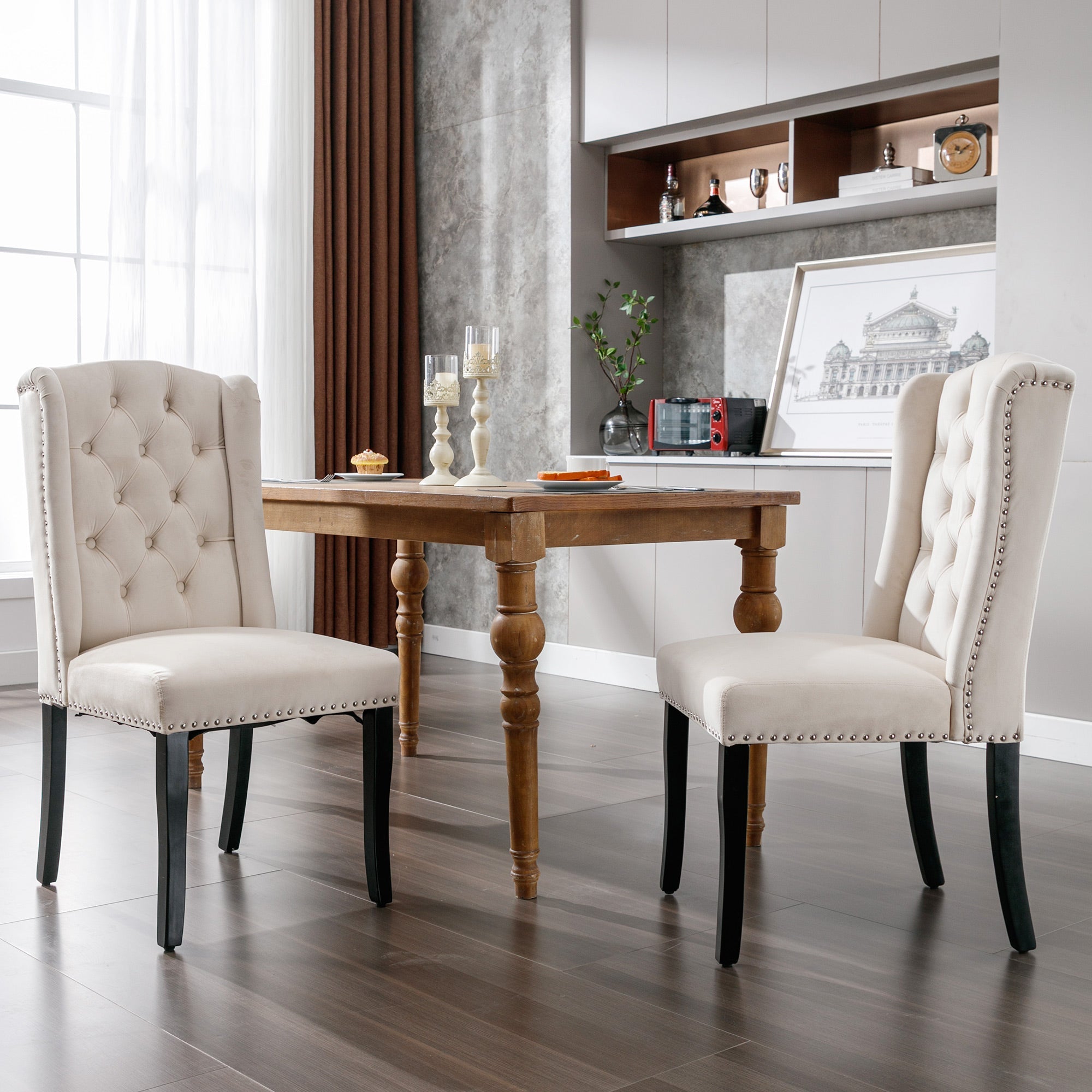 Logidon fluwelen eetkamerstoelen set van 2 beige met eikenhouten poten