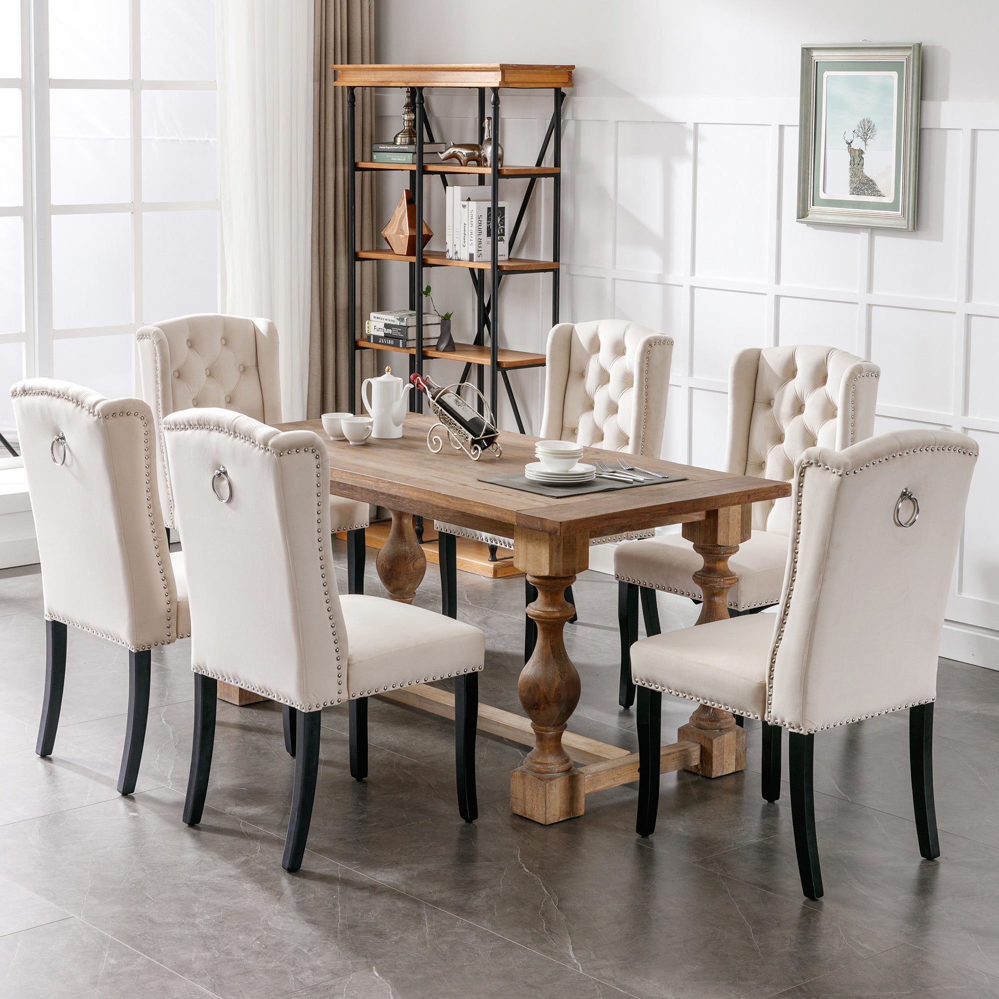 Logidon fluwelen eetkamerstoelen set van 2 beige met eikenhouten poten