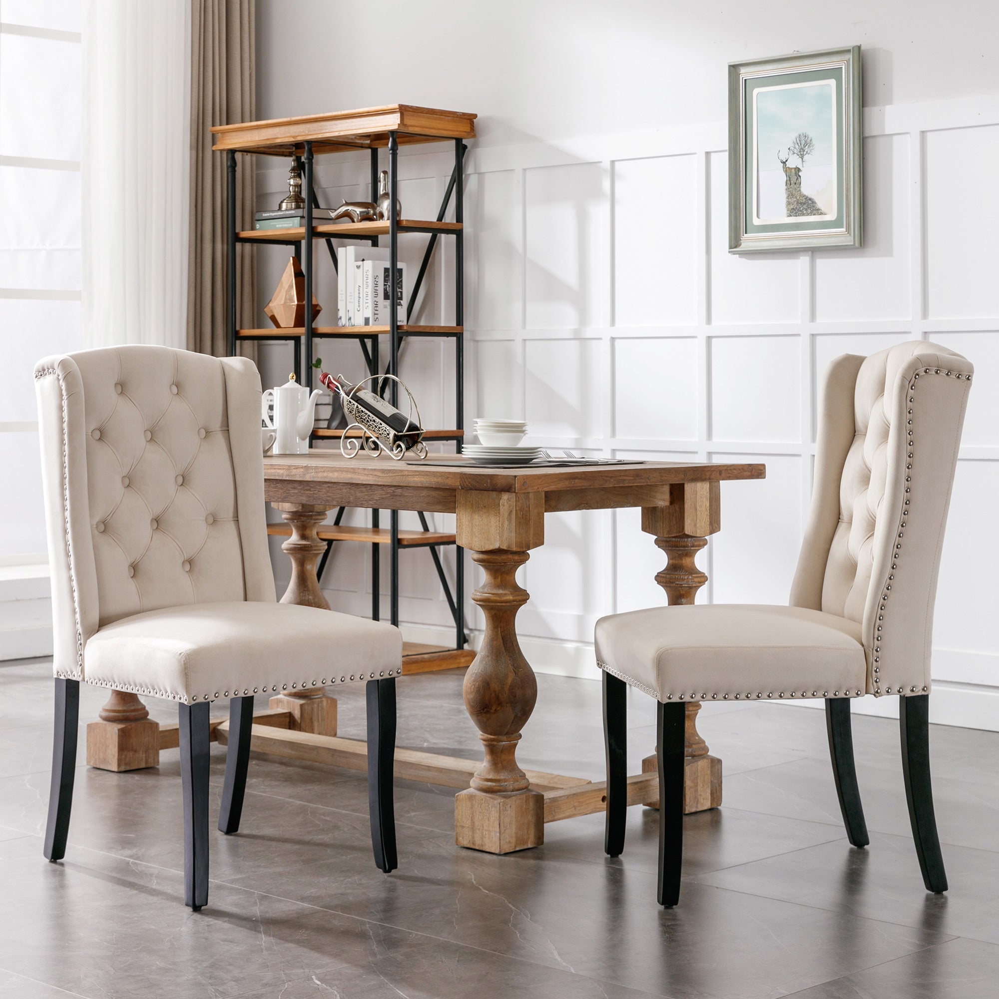 Logidon fluwelen eetkamerstoelen set van 2 beige met eikenhouten poten