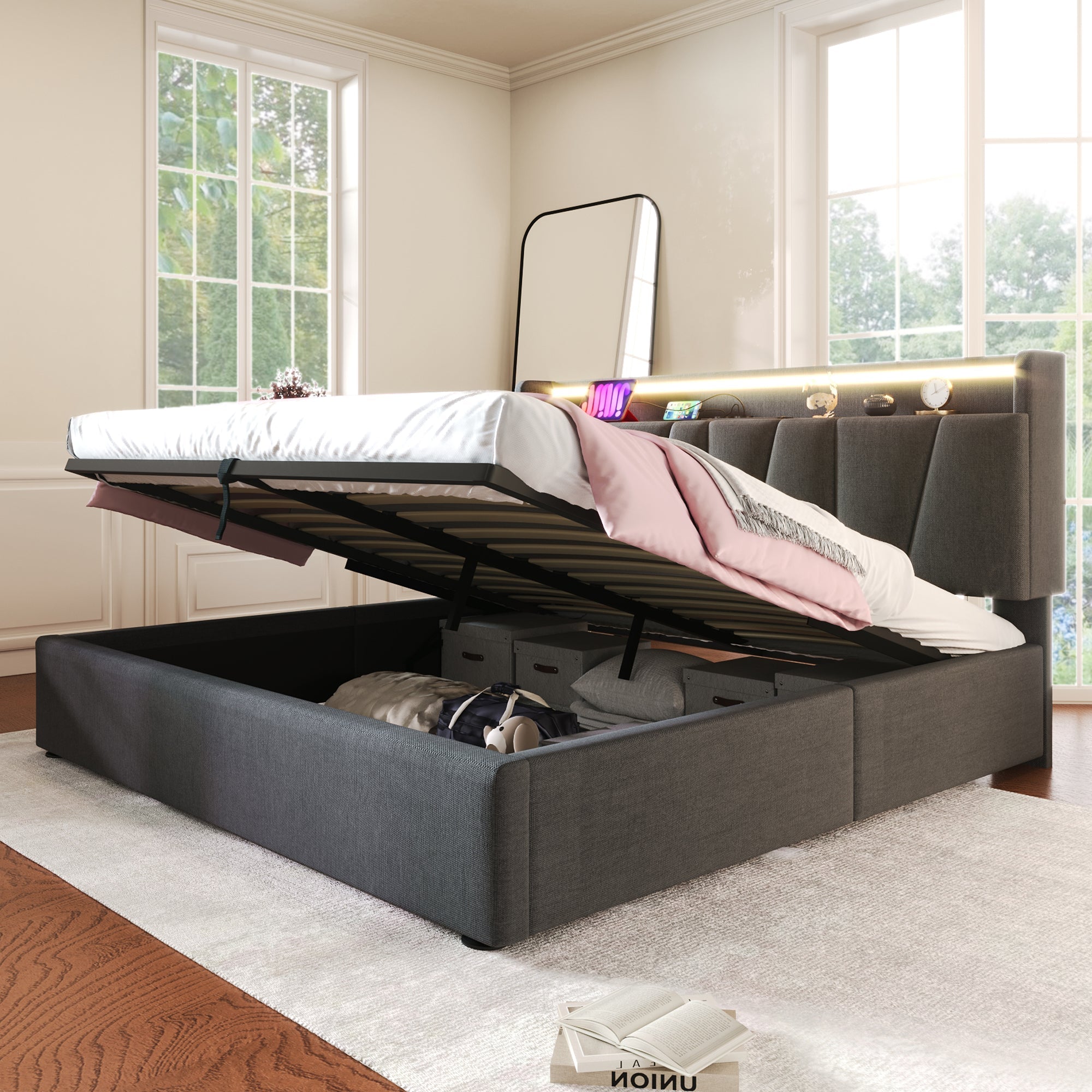 Logidon tweepersoonsbed 160x200 cm stof met opbergruimte USB LED grijs