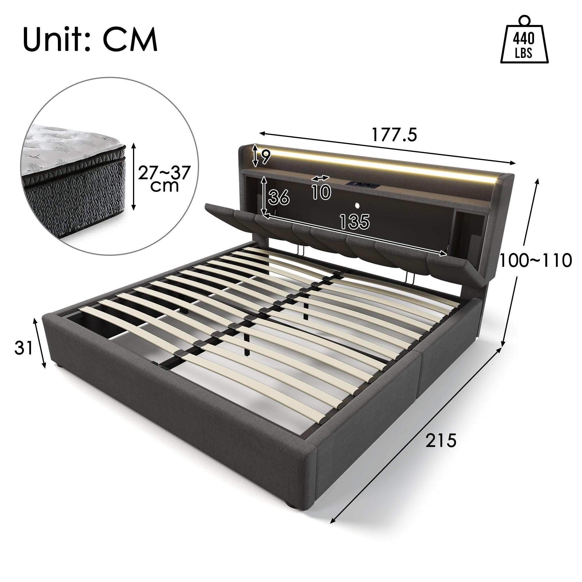 Logidon gestoffeerd bed 160x200 grijs met USB oplaadfunctie LED verlichting