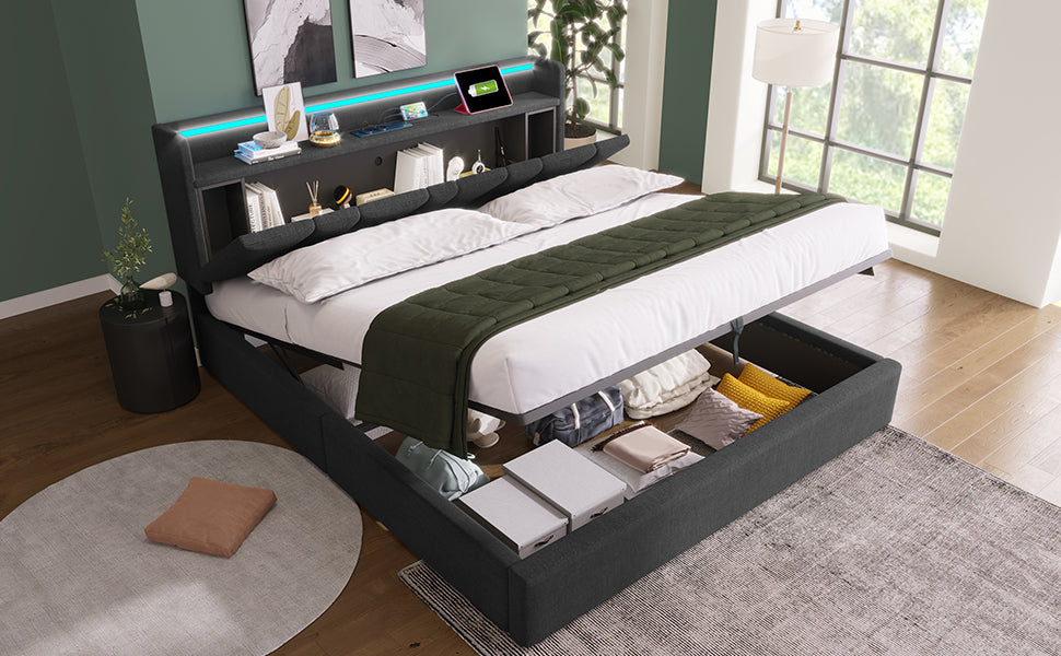 Logidon tweepersoonsbed 160x200 cm stof met opbergruimte USB LED grijs