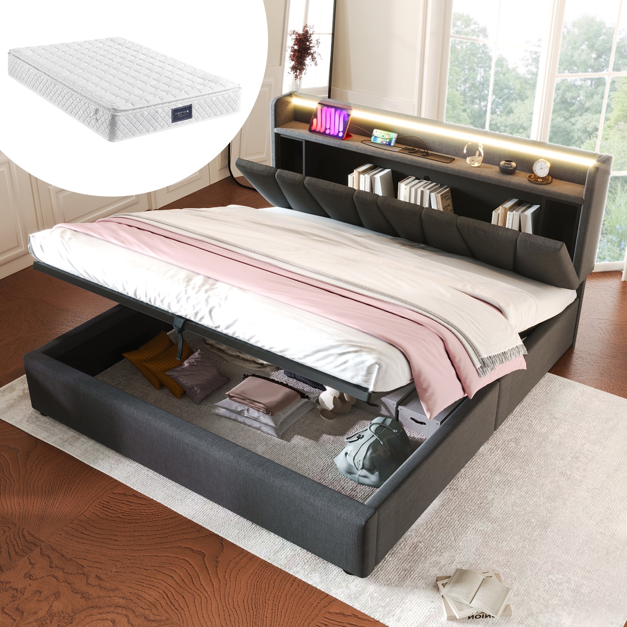 Logidon gestoffeerd bed 160x200 grijs met USB oplaadfunctie LED verlichting