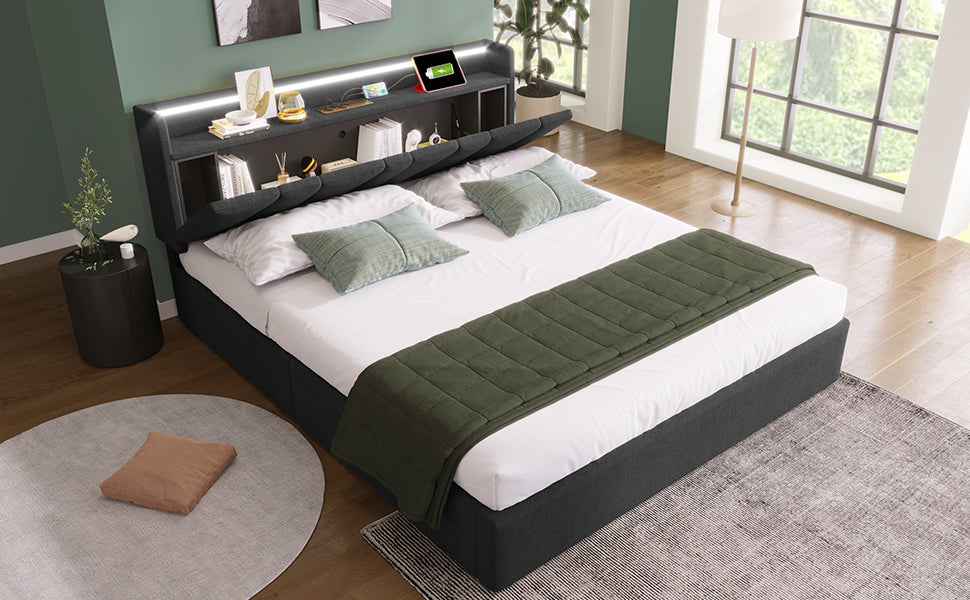 Logidon tweepersoonsbed 160x200 cm stof met opbergruimte USB LED grijs