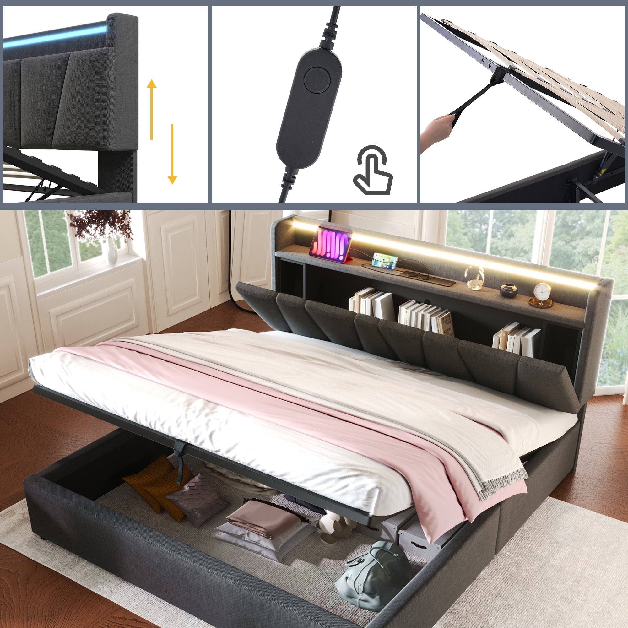 Logidon tweepersoonsbed gestoffeerd 140x200 grijs USB-oplaadfunctie hoofdbord LED