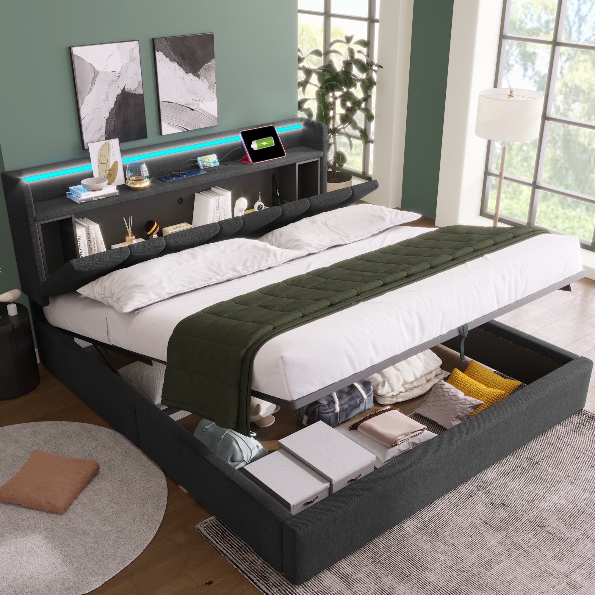Logidon gestoffeerd bed 160x200 grijs met USB oplaadfunctie LED verlichting