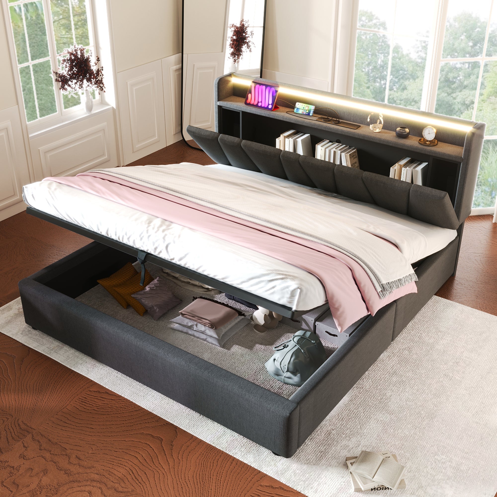 Logidon gestoffeerd bed 140x200 grijs USB oplaadfunctie opbergruimte LED
