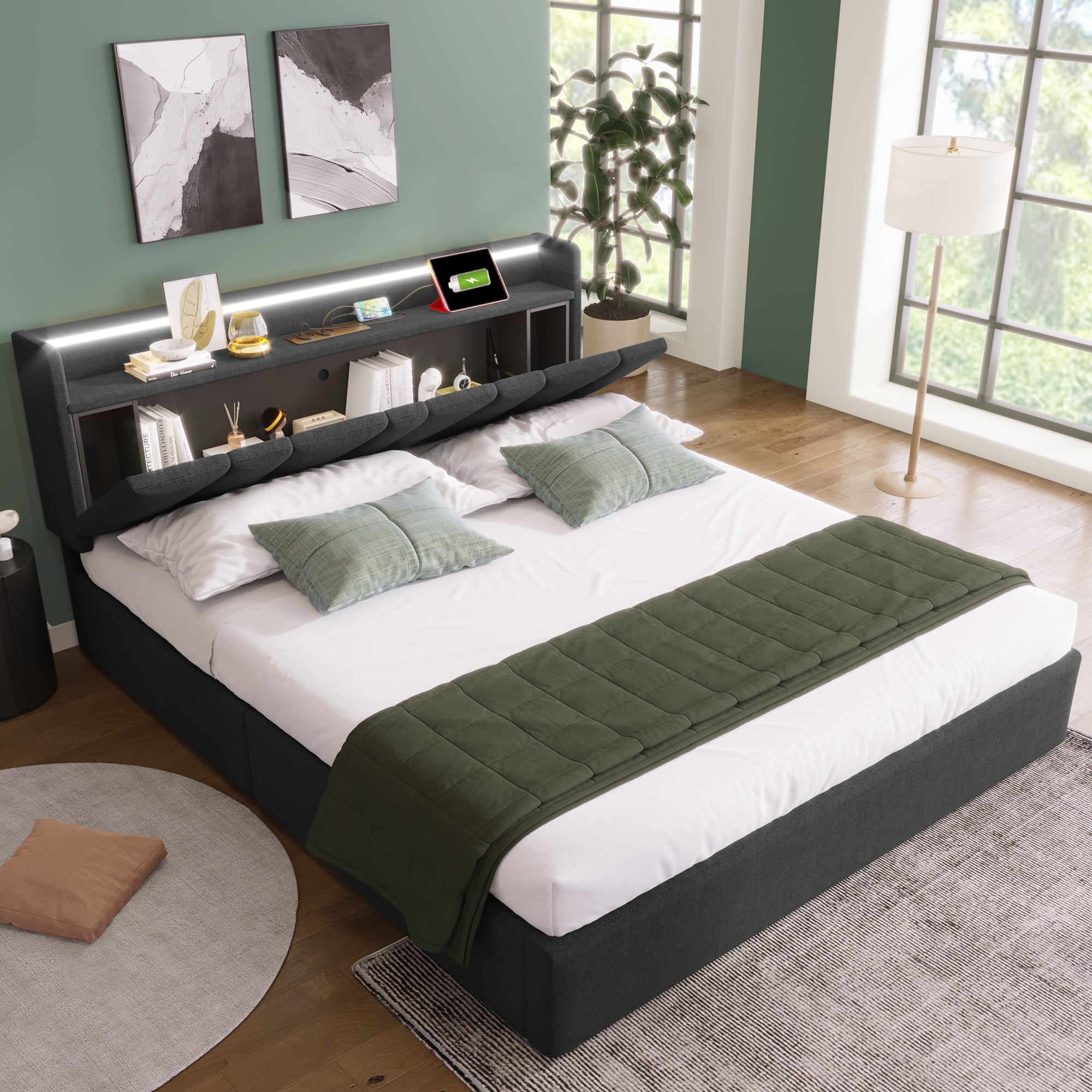 Logidon gestoffeerd bed 160x200 grijs met USB oplaadfunctie LED verlichting