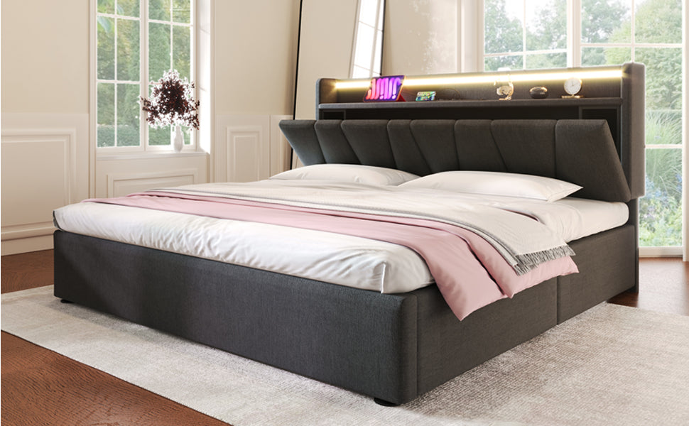 Logidon tweepersoonsbed gestoffeerd 140x200 grijs USB-oplaadfunctie hoofdbord LED