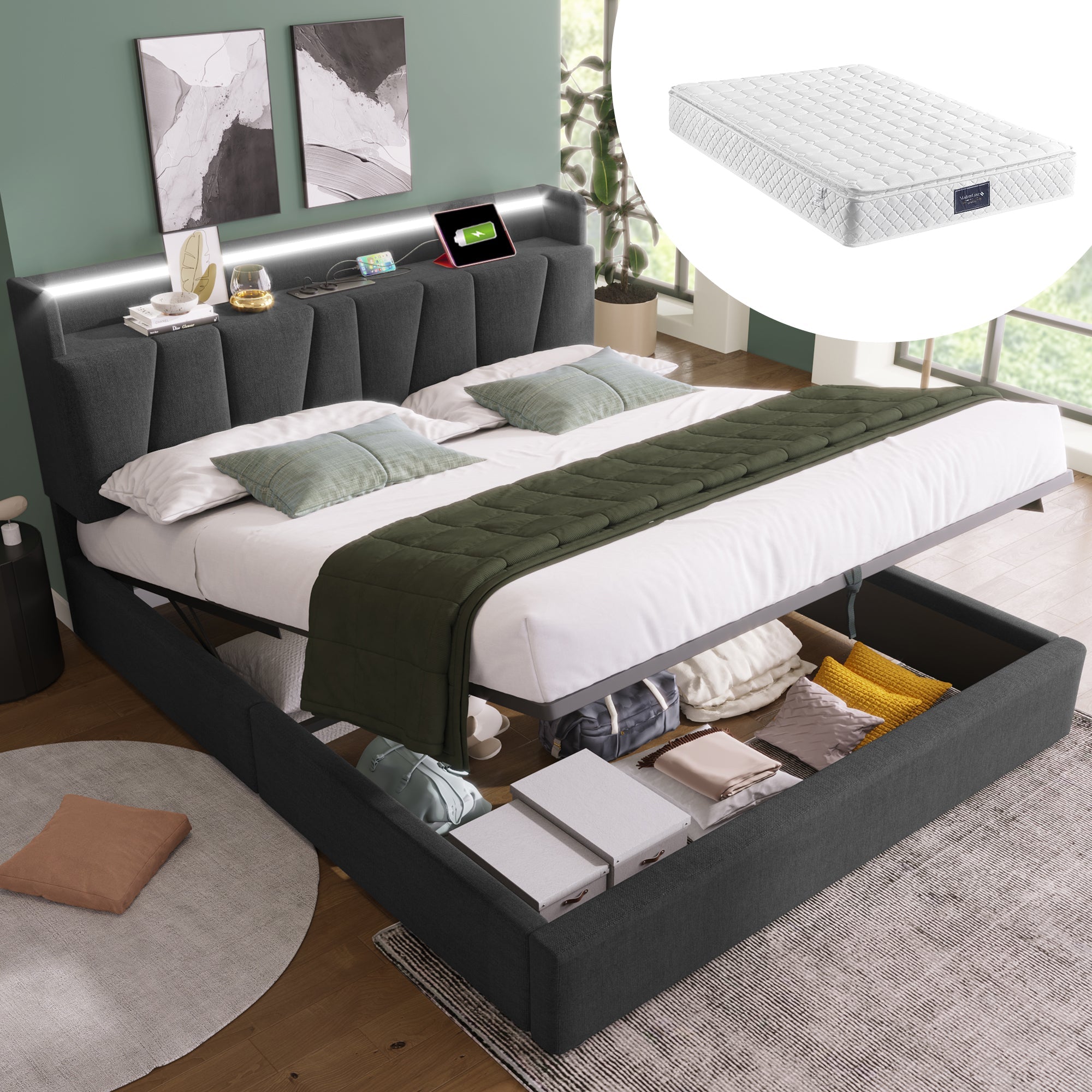 Logidon tweepersoonsbed gestoffeerd 140x200 grijs USB-oplaadfunctie hoofdbord LED