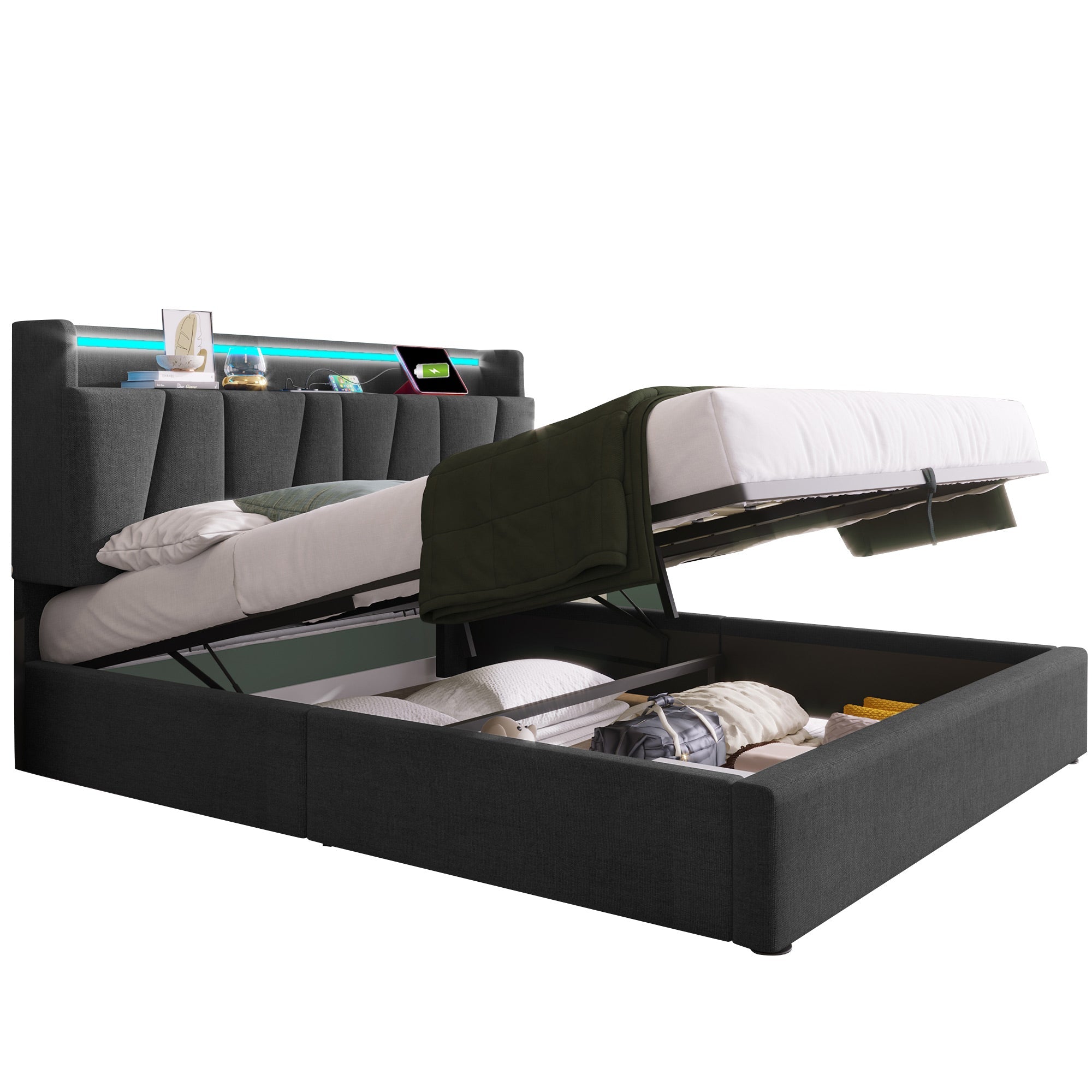 Logidon tweepersoonsbed gestoffeerd 140x200 grijs USB-oplaadfunctie hoofdbord LED