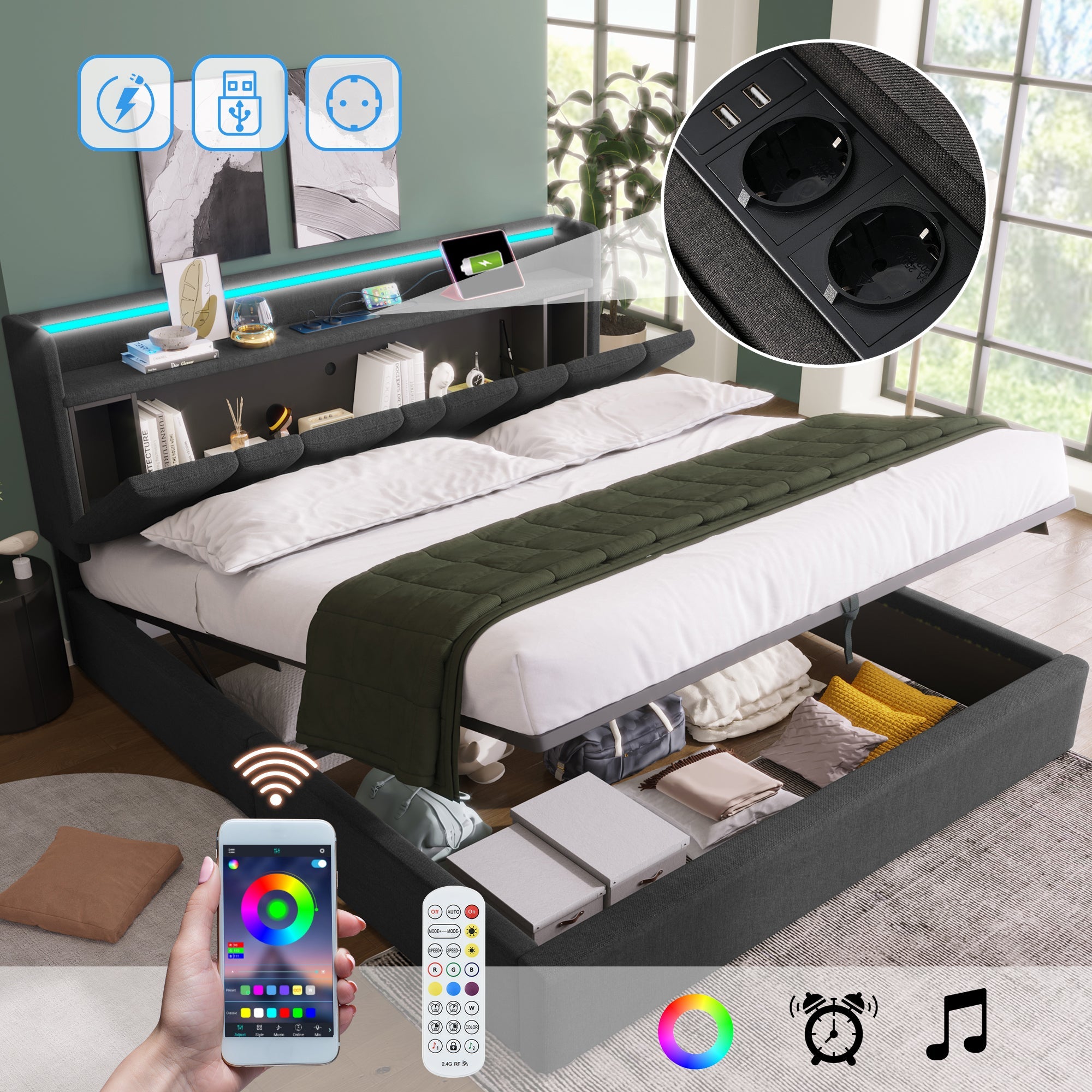 Logidon gestoffeerd bed 140x200 grijs USB oplaadfunctie opbergruimte LED