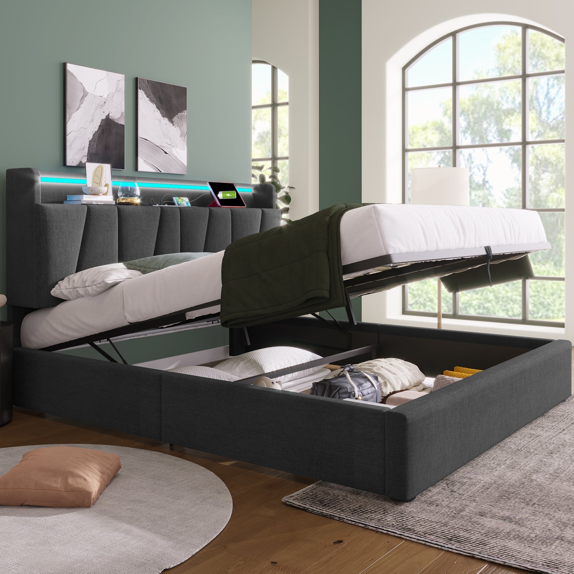 Logidon gestoffeerd bed 140x200 grijs USB oplaadfunctie opbergruimte LED