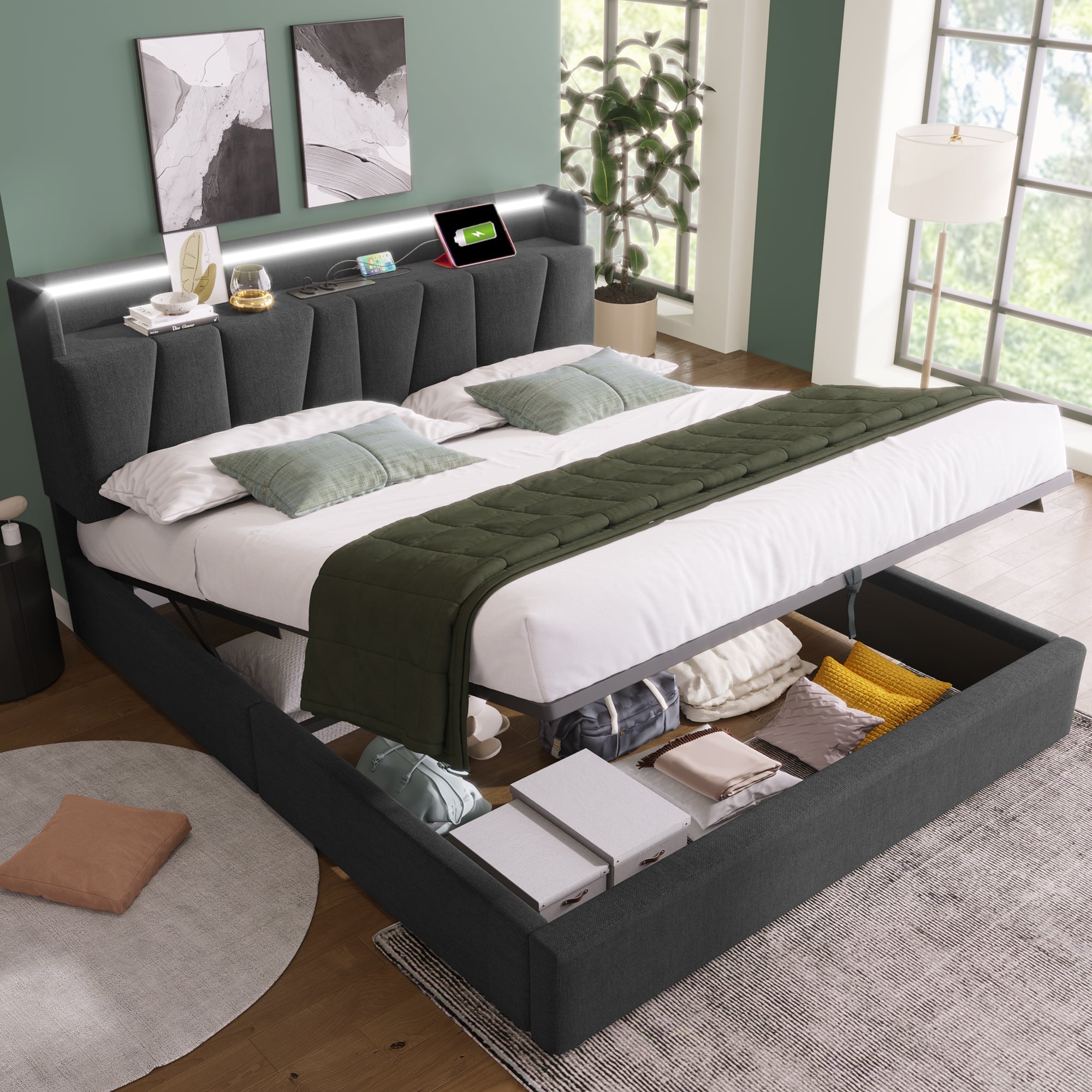 Logidon gestoffeerd bed 160x200 grijs met USB oplaadfunctie LED verlichting