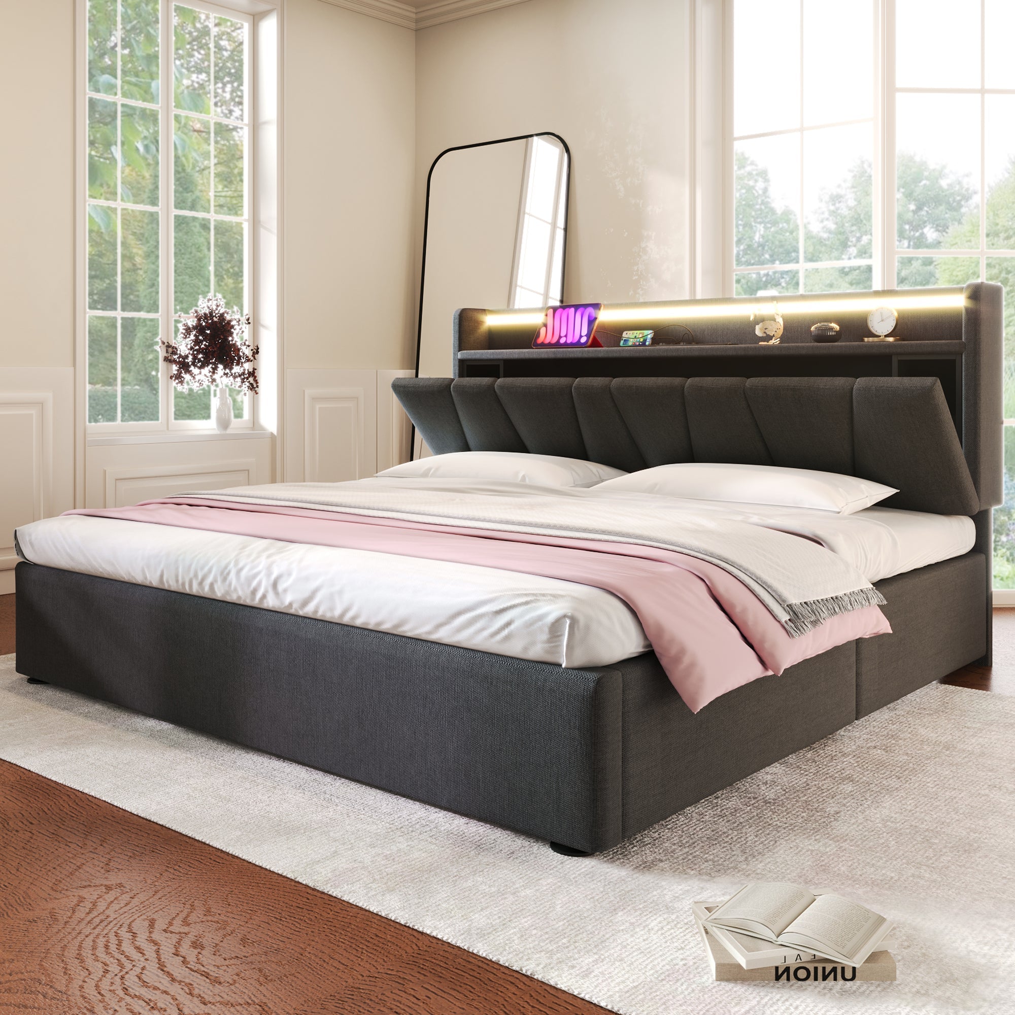 Logidon gestoffeerd bed 140x200 grijs USB oplaadfunctie opbergruimte LED