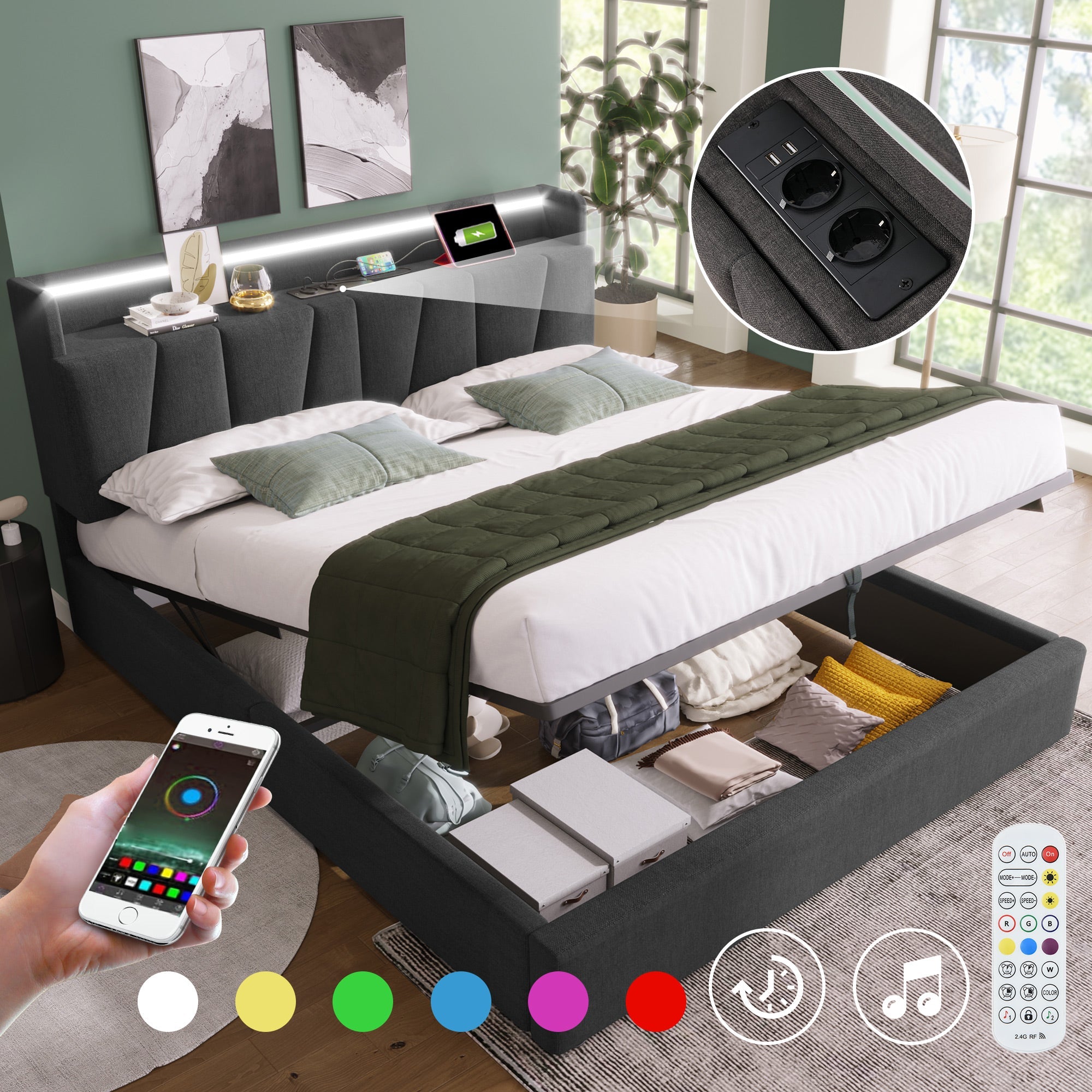 Logidon gestoffeerd bed 160x200 grijs met USB oplaadfunctie LED verlichting