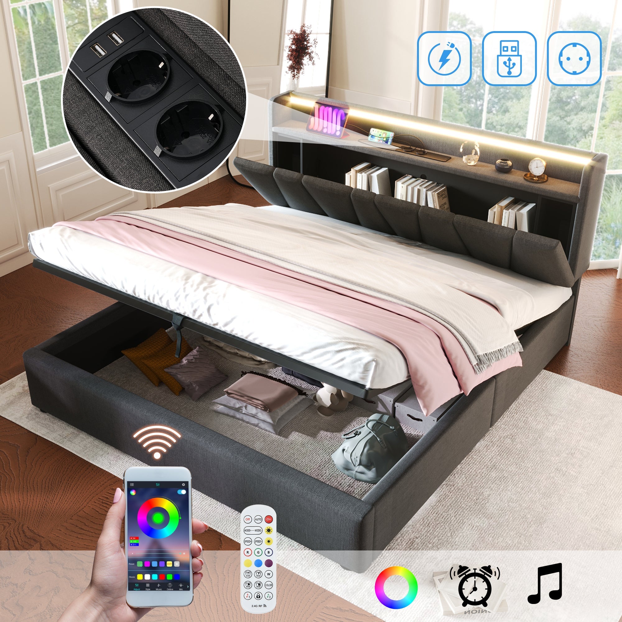 Logidon gestoffeerd bed 140x200 grijs USB oplaadfunctie opbergruimte LED