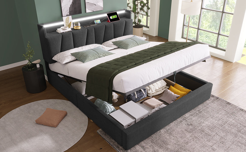 Logidon tweepersoonsbed gestoffeerd 140x200 grijs USB-oplaadfunctie hoofdbord LED