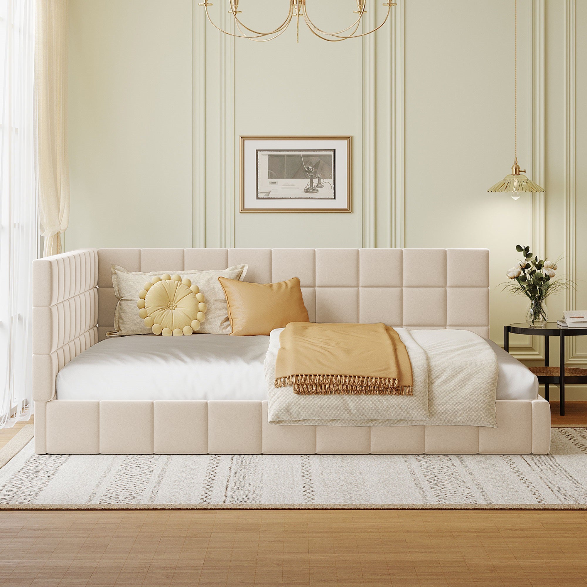 Logidon upholstered bed sofa bed 140x200 beige velvet fabric slatted frame