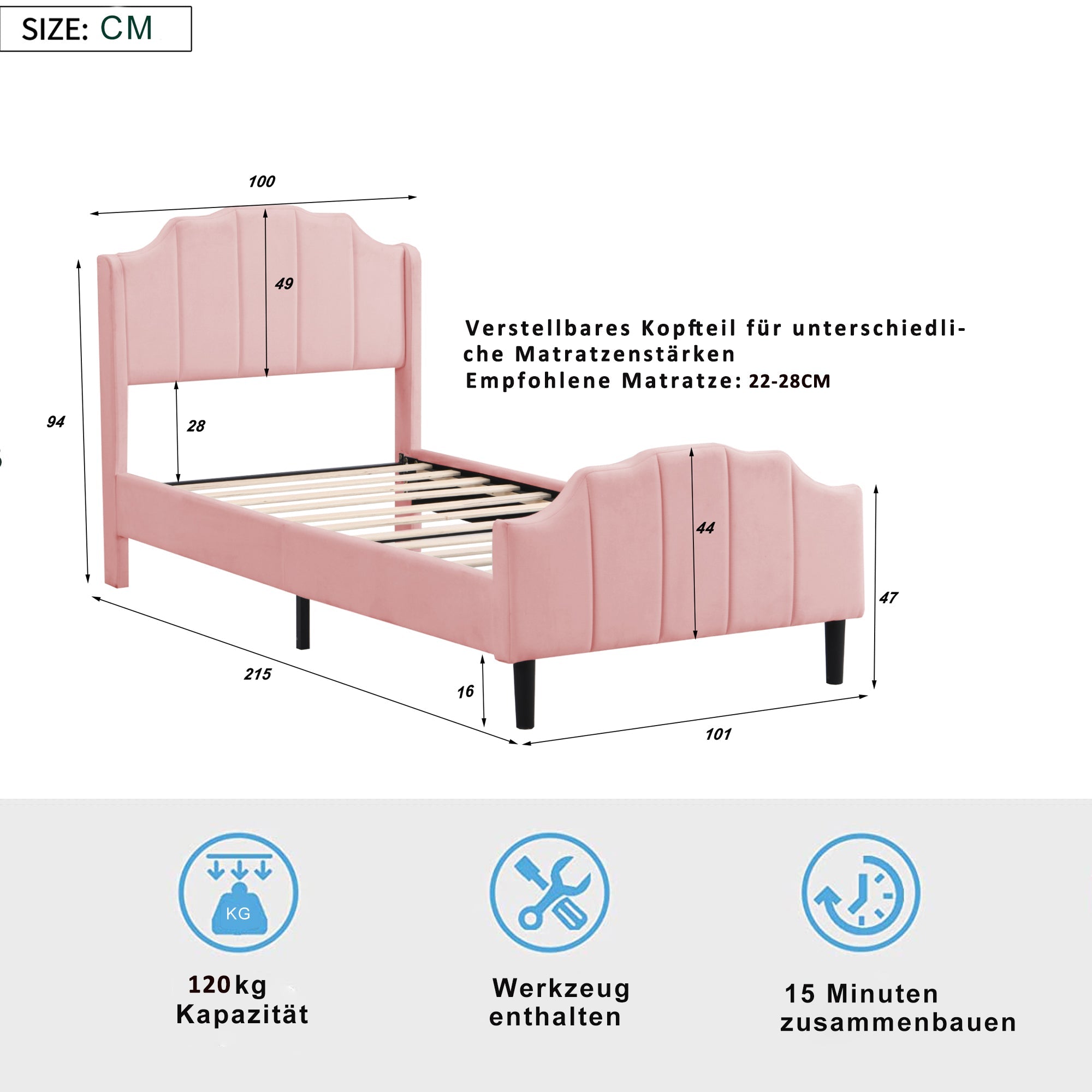 Logidon upholstered bed 90x200 pink velvet children's bed with headboard slatted frame