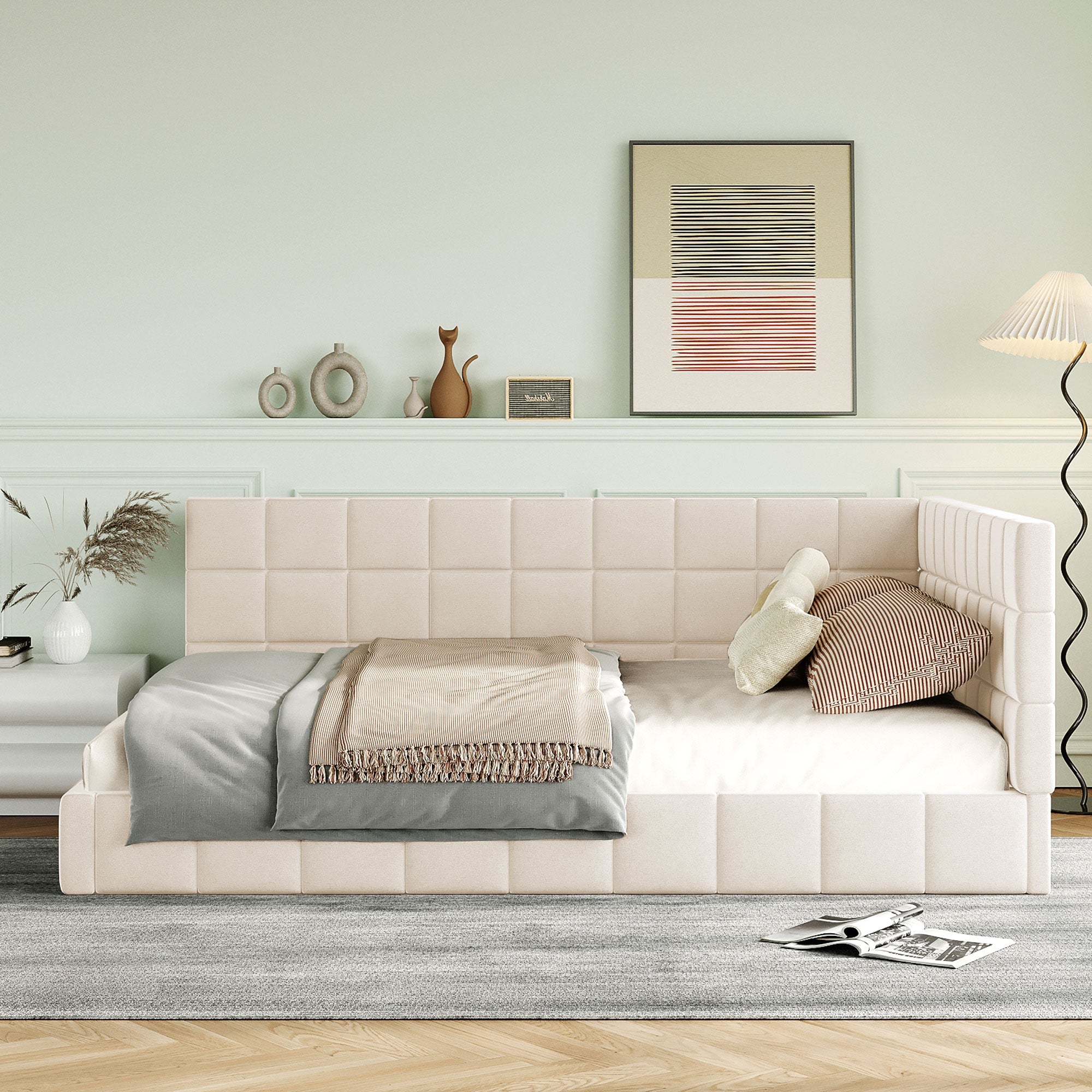 Logidon upholstered bed sofa bed 140x200 beige velvet fabric slatted frame