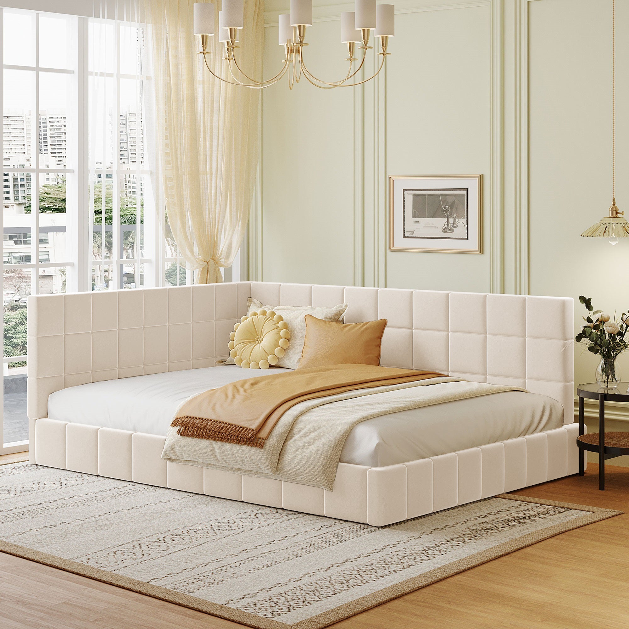 Logidon upholstered bed sofa bed 140x200 beige velvet fabric slatted frame