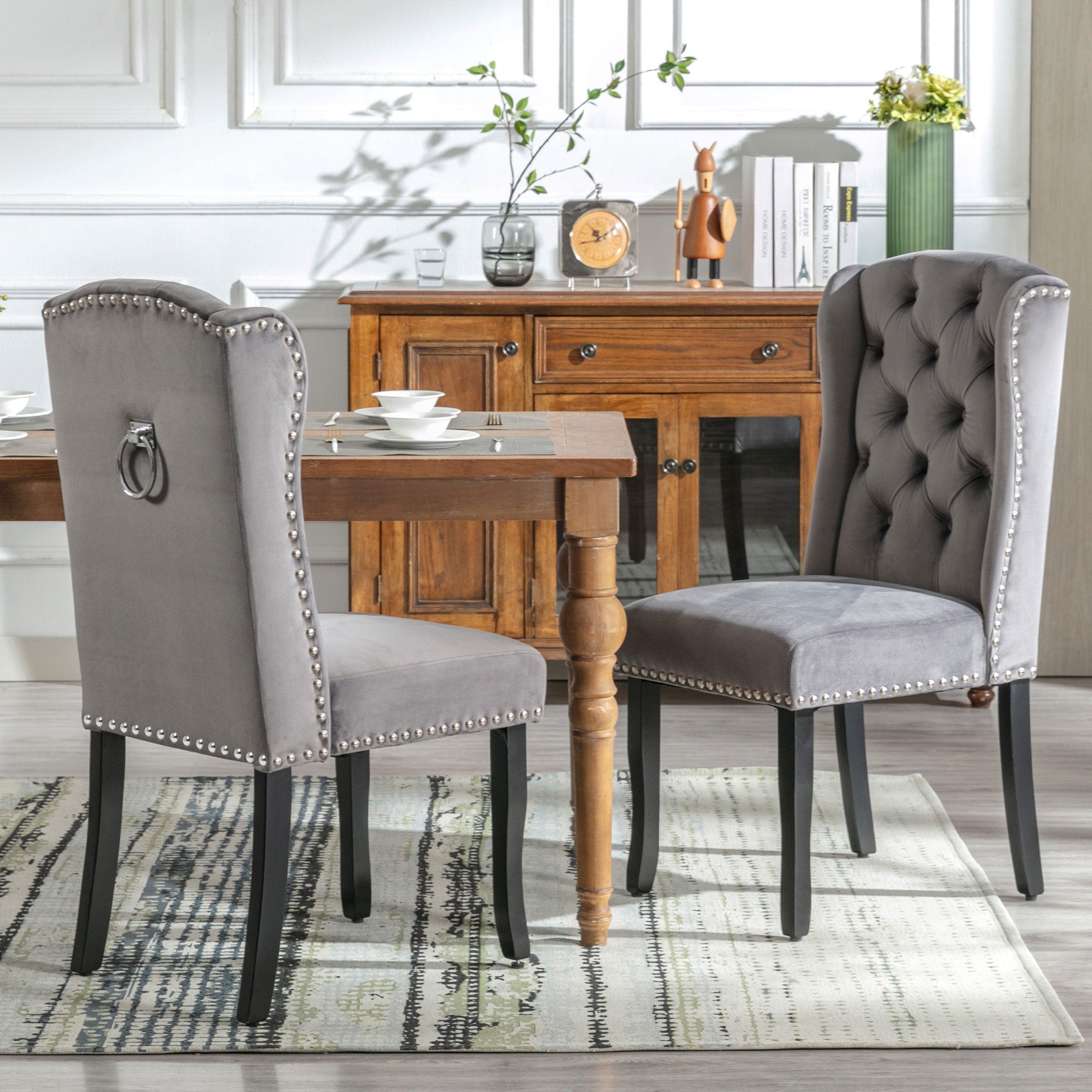 Logidon Velvet Dining Chairs Set of 4 Gray Oak Legs