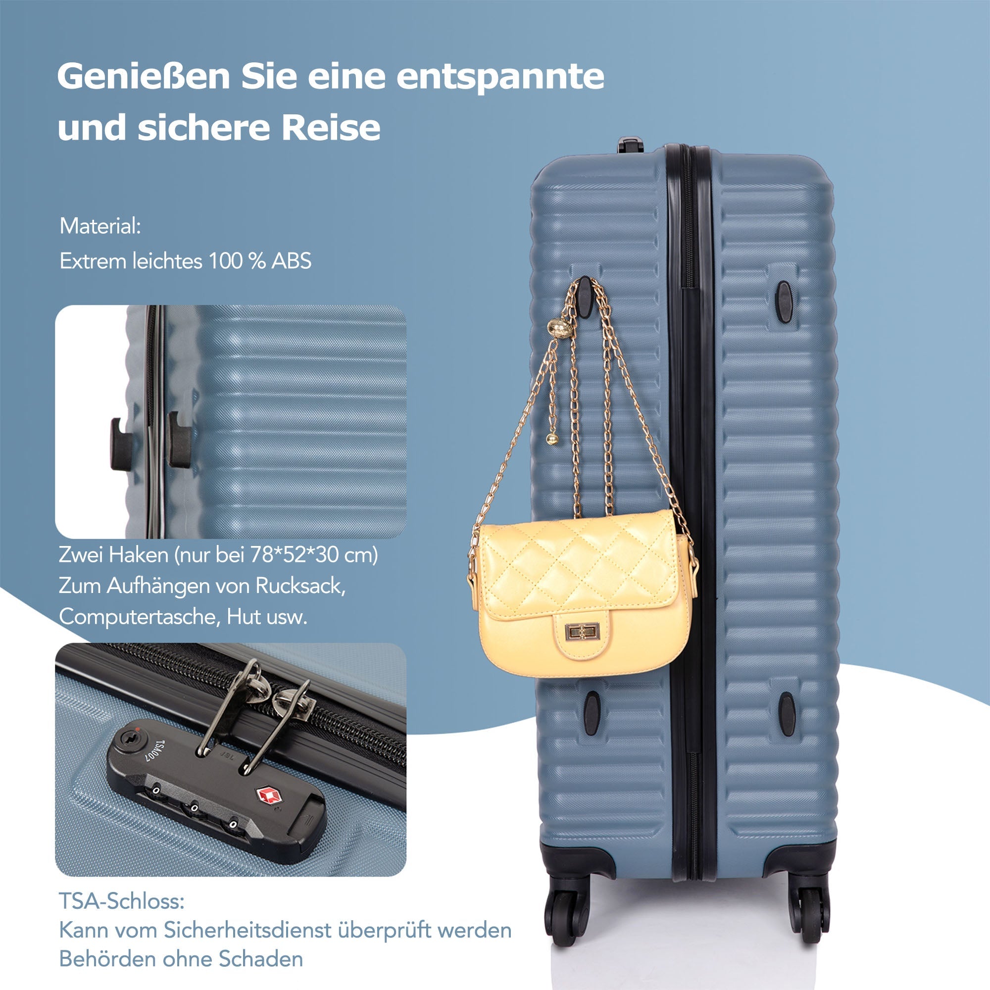 Logidon kofferset harde schaal blauw 4 wielen TSA douaneslot handbagage