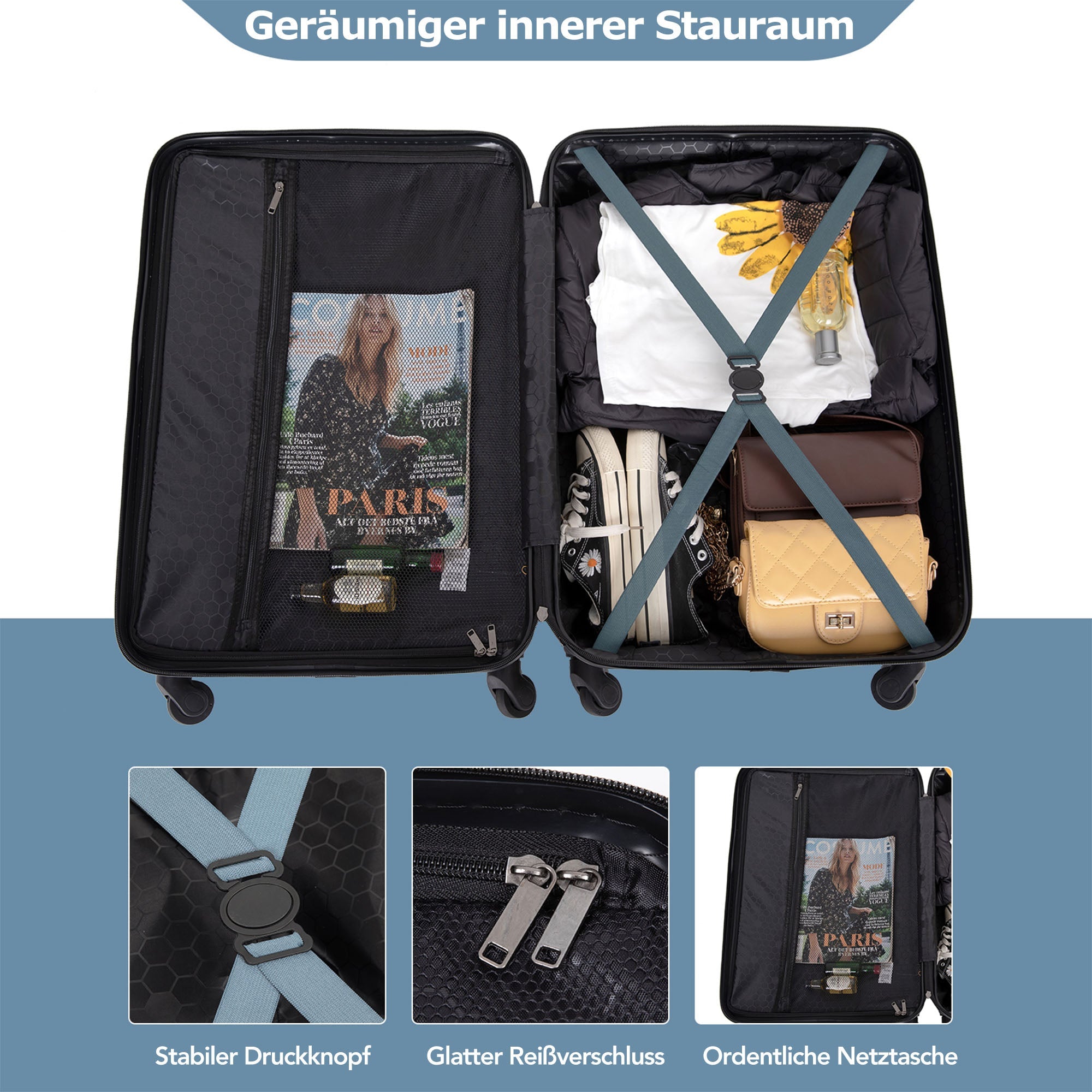 Logidon kofferset harde schaal blauw 4 wielen TSA douaneslot handbagage