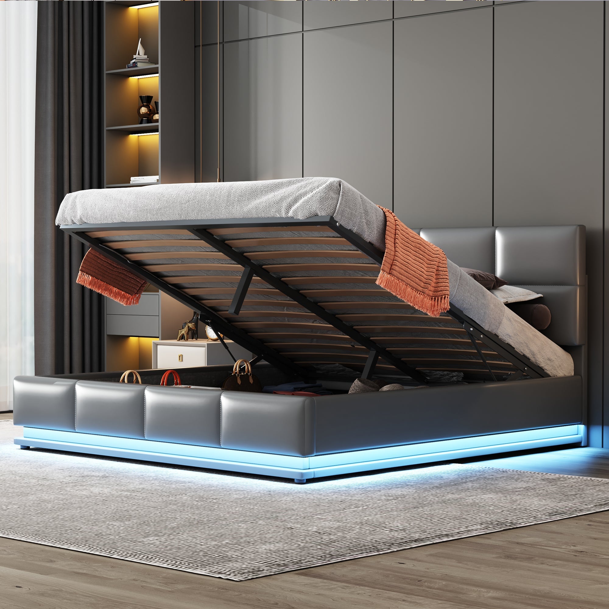 Logidon gestoffeerd bed 160x200 cm met LED, verstelbaar hoofdbord, grijs