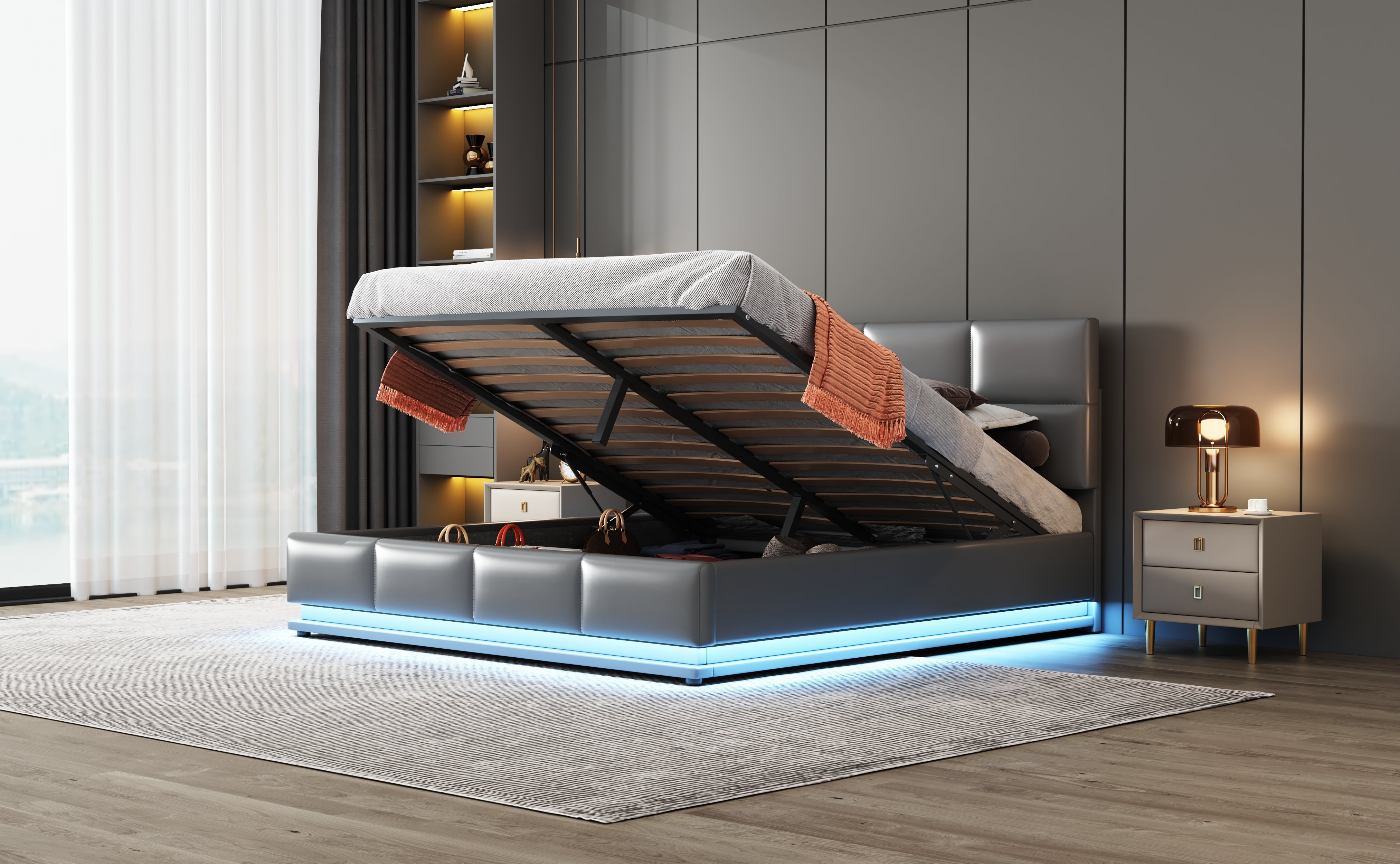 Logidon gestoffeerd bed 160x200 cm met LED, verstelbaar hoofdbord, grijs