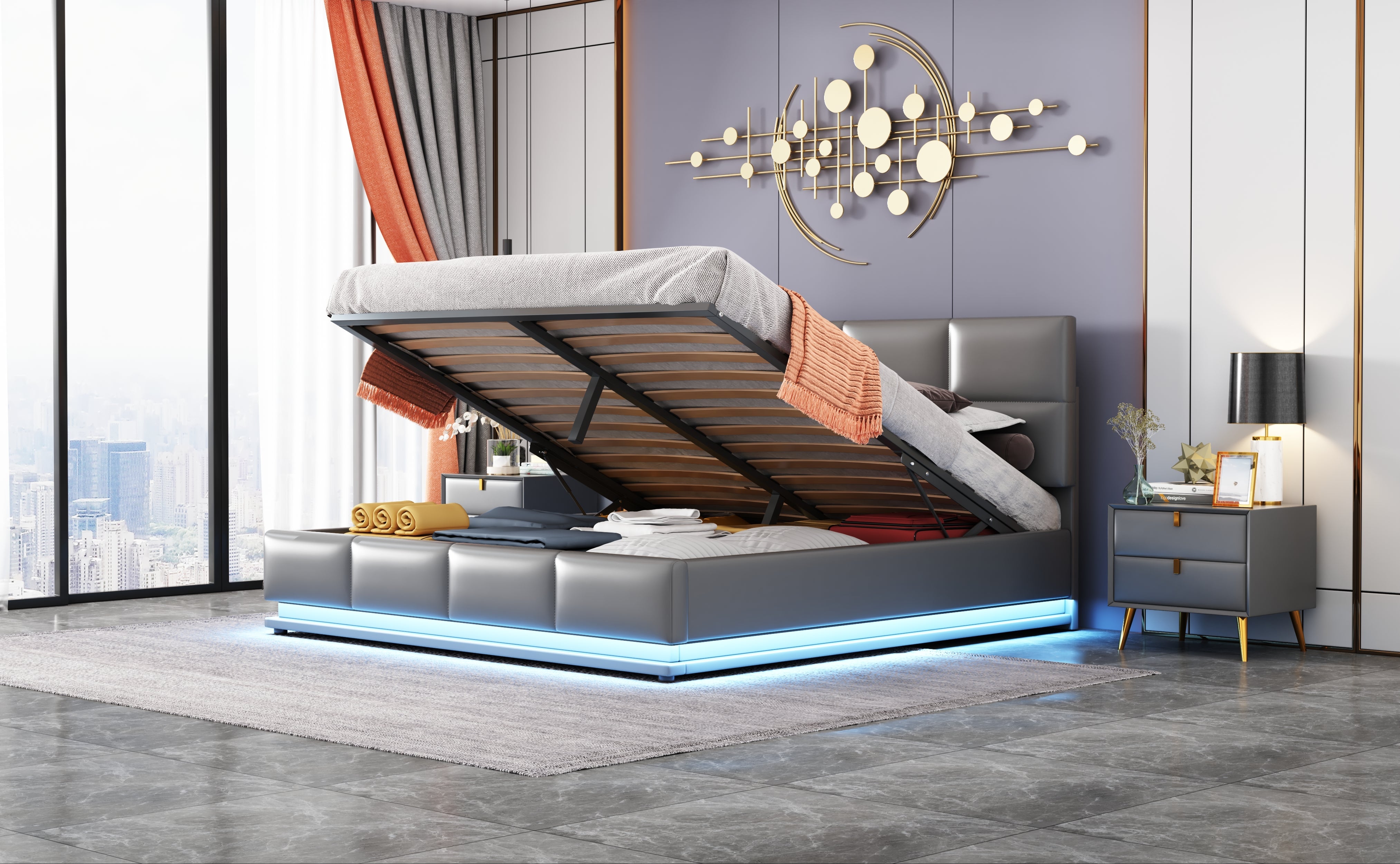 Logidon gestoffeerd bed 160x200 cm met LED, verstelbaar hoofdbord, grijs
