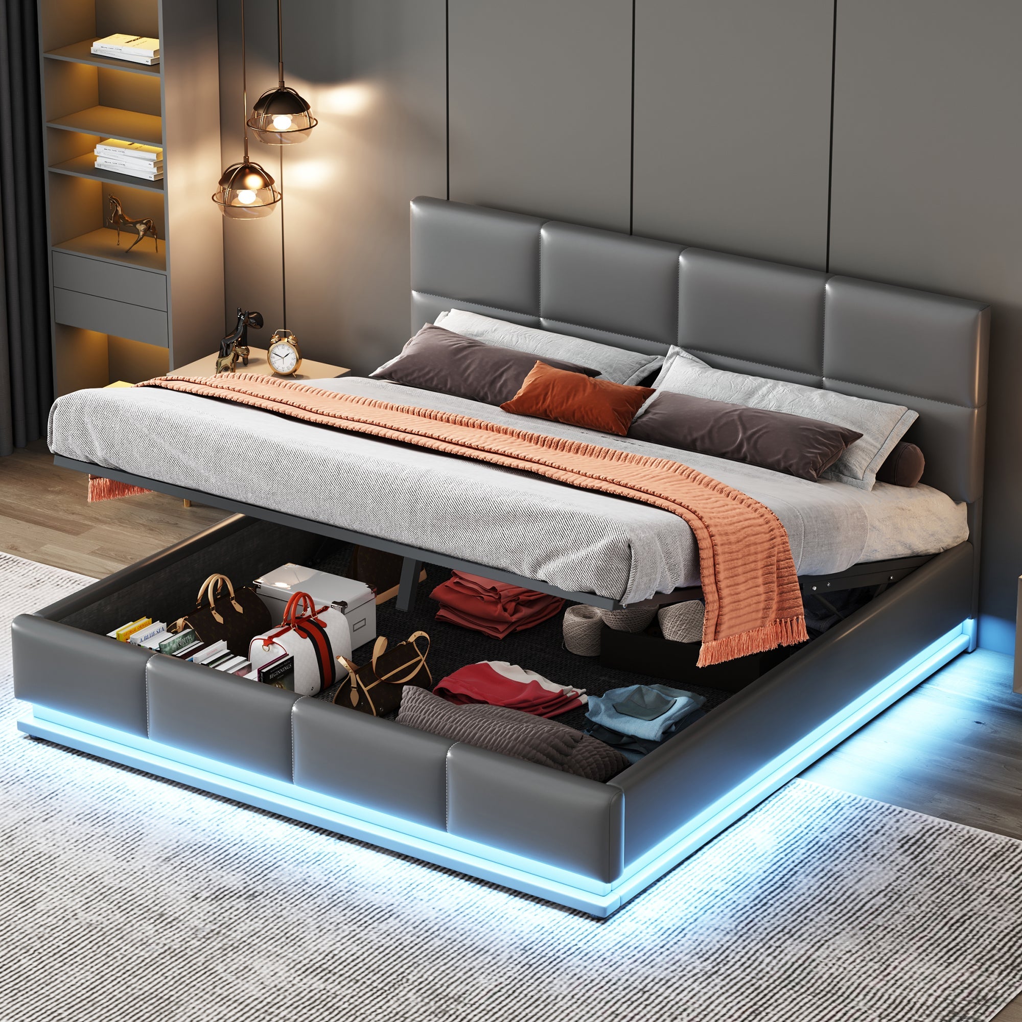 Logidon gestoffeerd bed 160x200 cm met LED, verstelbaar hoofdbord, grijs