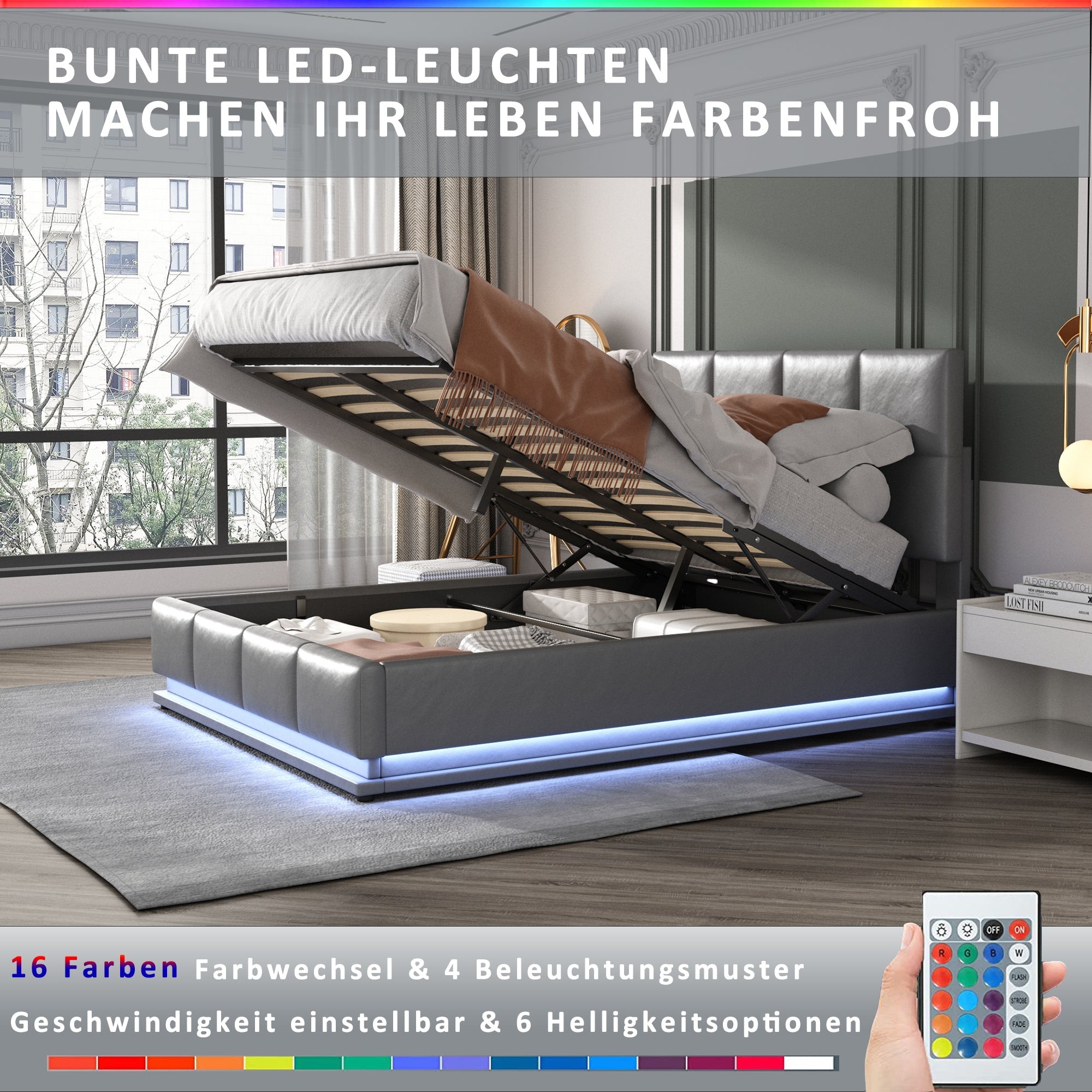 Logidon gestoffeerd bed 160x200 cm met LED, verstelbaar hoofdbord, grijs