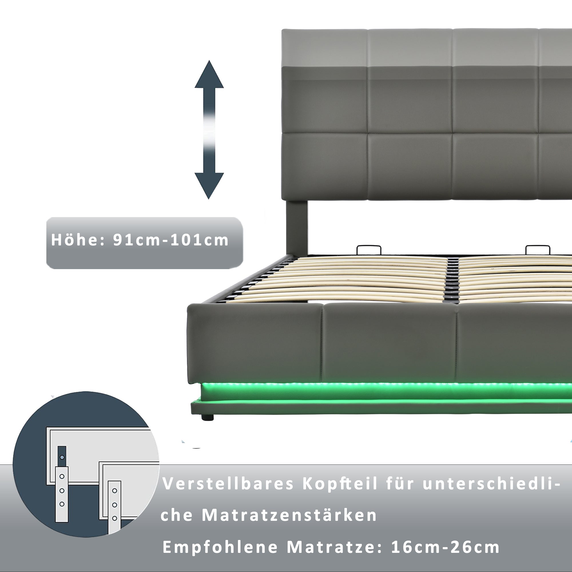 Logidon gestoffeerd bed 160x200 cm met LED, verstelbaar hoofdbord, grijs