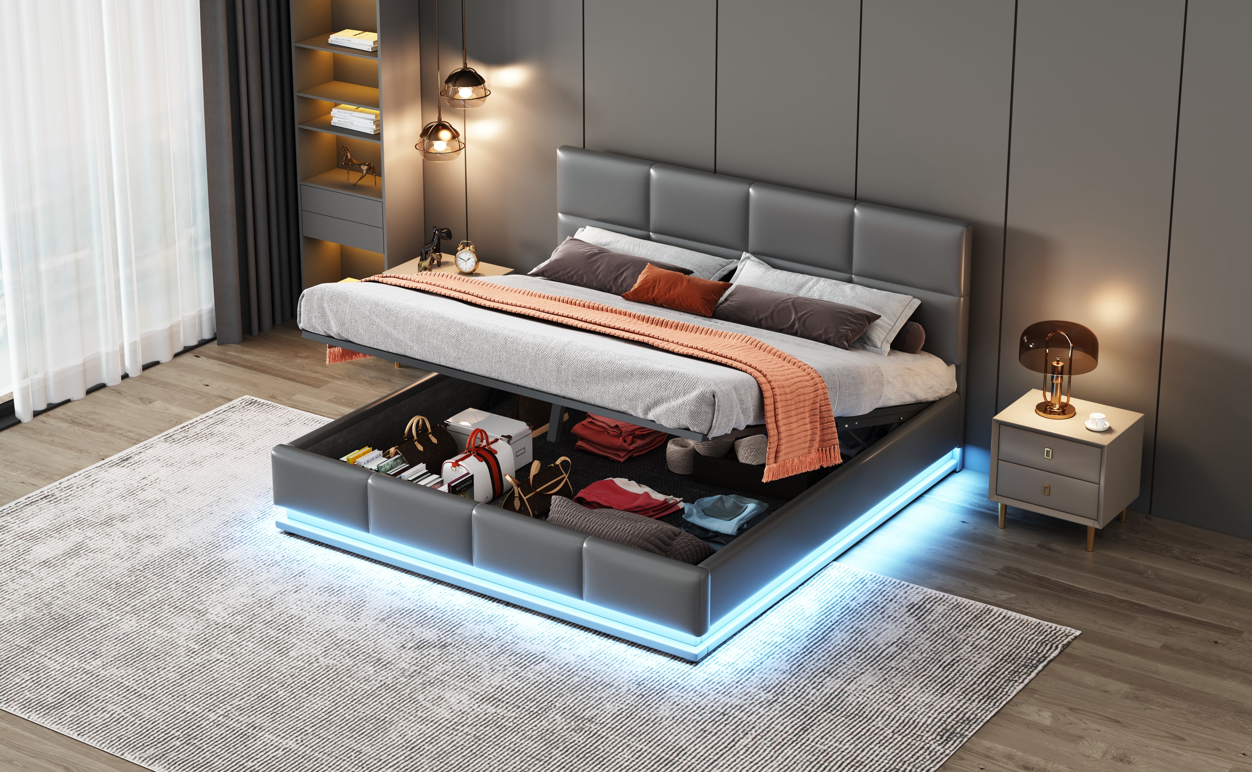 Logidon gestoffeerd bed 160x200 cm met LED, verstelbaar hoofdbord, grijs