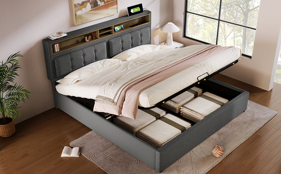 Logidon gestoffeerd bed 140x200 USB C oplaadfunctie grijs