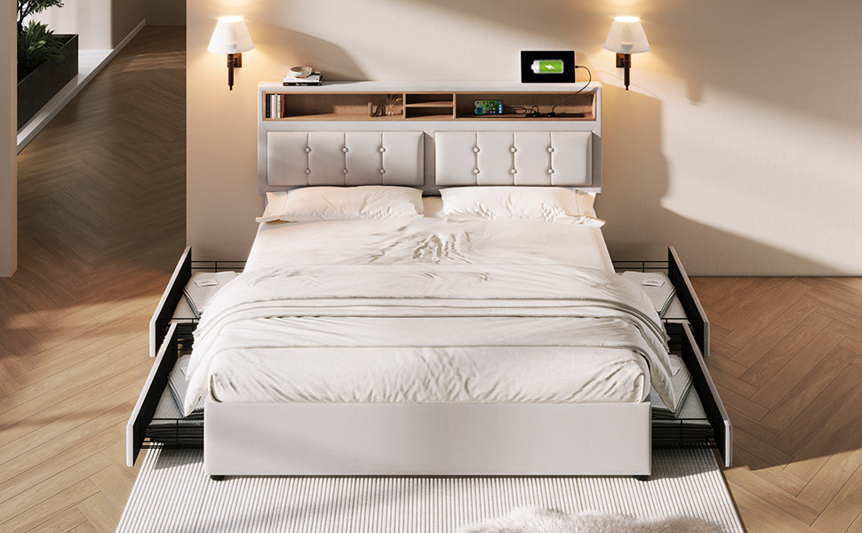 Logidon double bed 160x200cm with 4 drawers and USB-C charging port