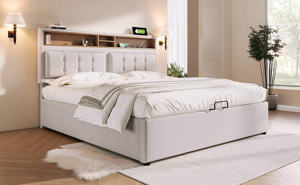 Logidon upholstered bed 140x200 with USB C charging function and storage space beige