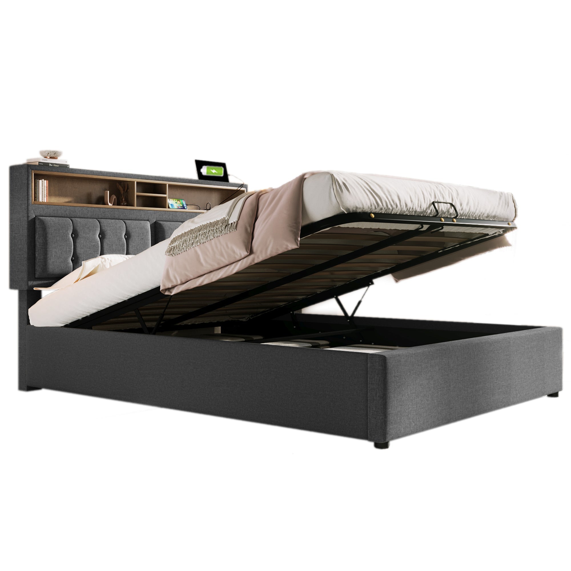 Logidon gestoffeerd bed 140x200 USB C oplaadfunctie grijs