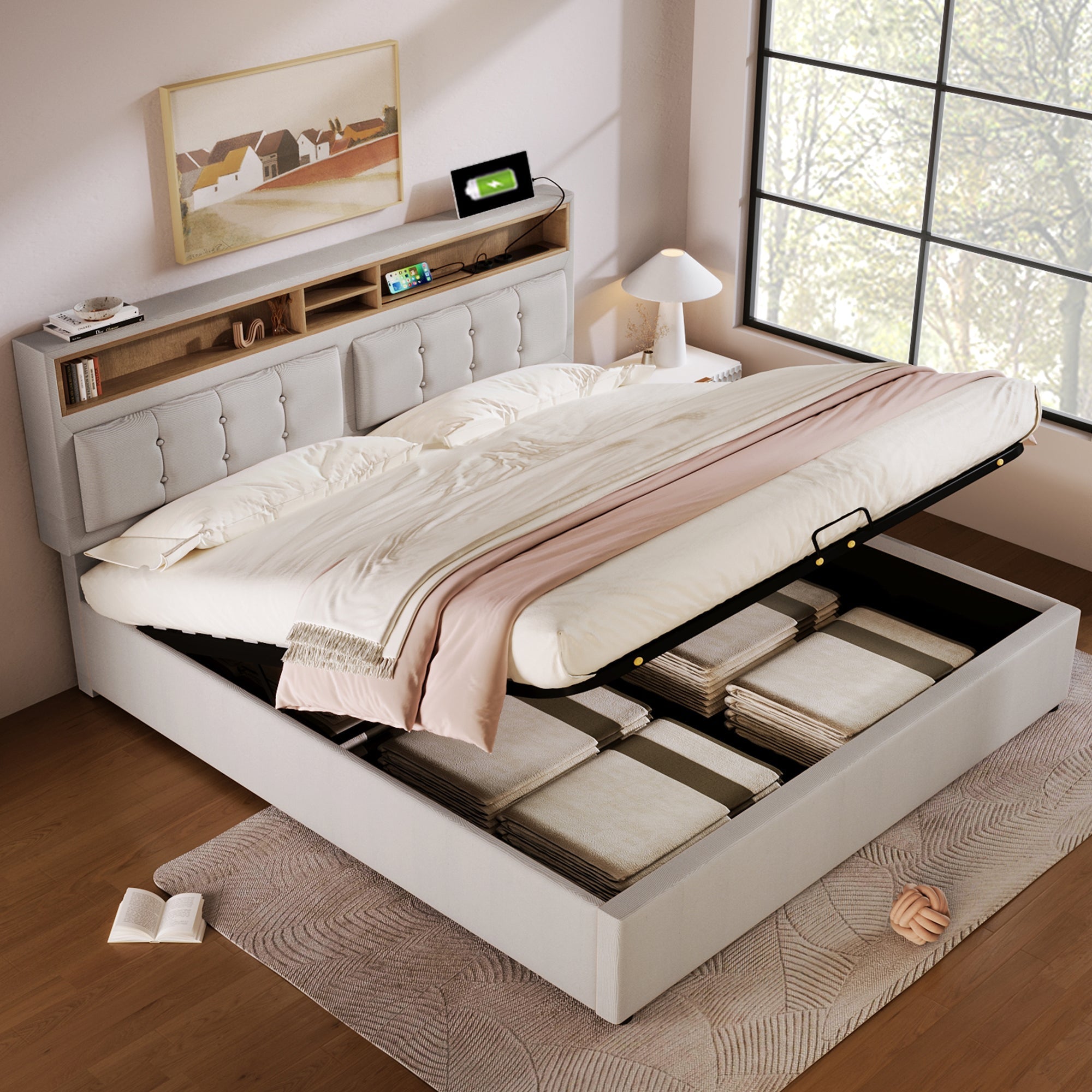 Logidon gestoffeerd bed 160x200 beige hoofdbord USB C oplaadfunctie opbergruimte