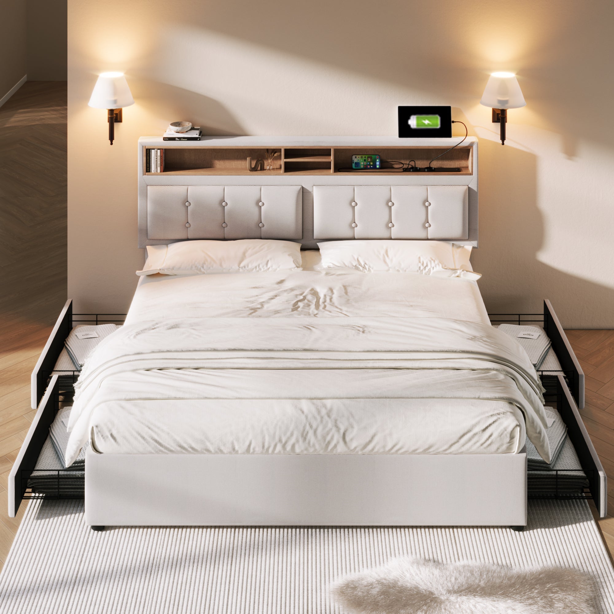 Logidon double bed 160x200cm with 4 drawers and USB-C charging port