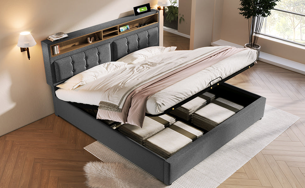 Logidon gestoffeerd bed 140x200 USB C oplaadfunctie grijs