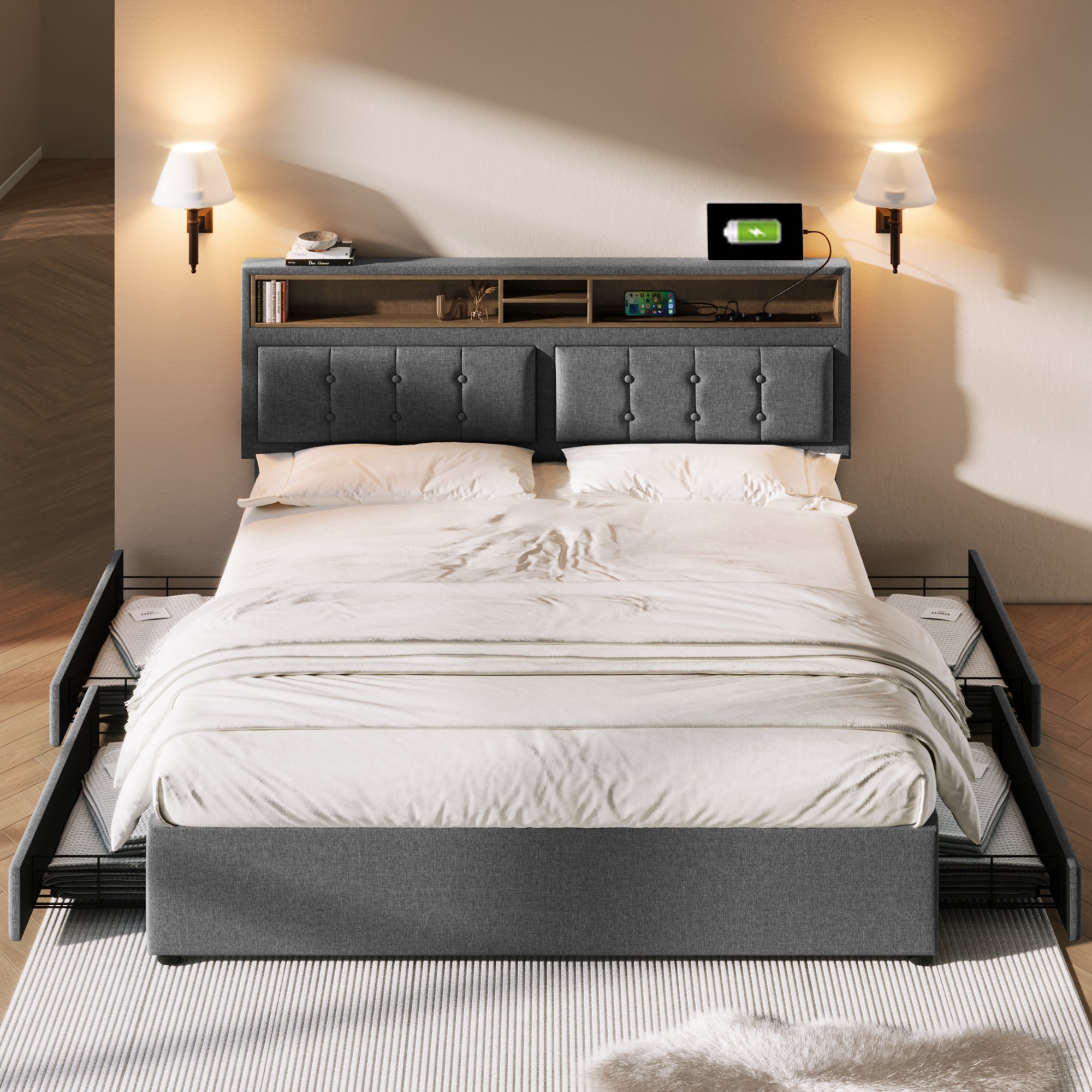Logidon box bed 160x200 with 4 drawers USB-C headboard adjustable gray