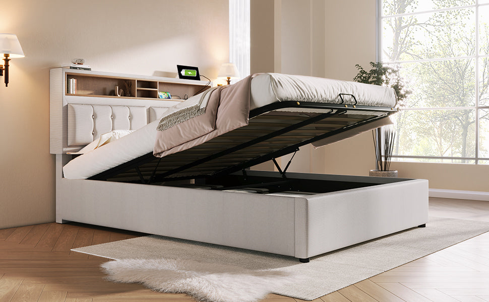 Logidon upholstered bed 140x200 with USB C charging function and storage space beige