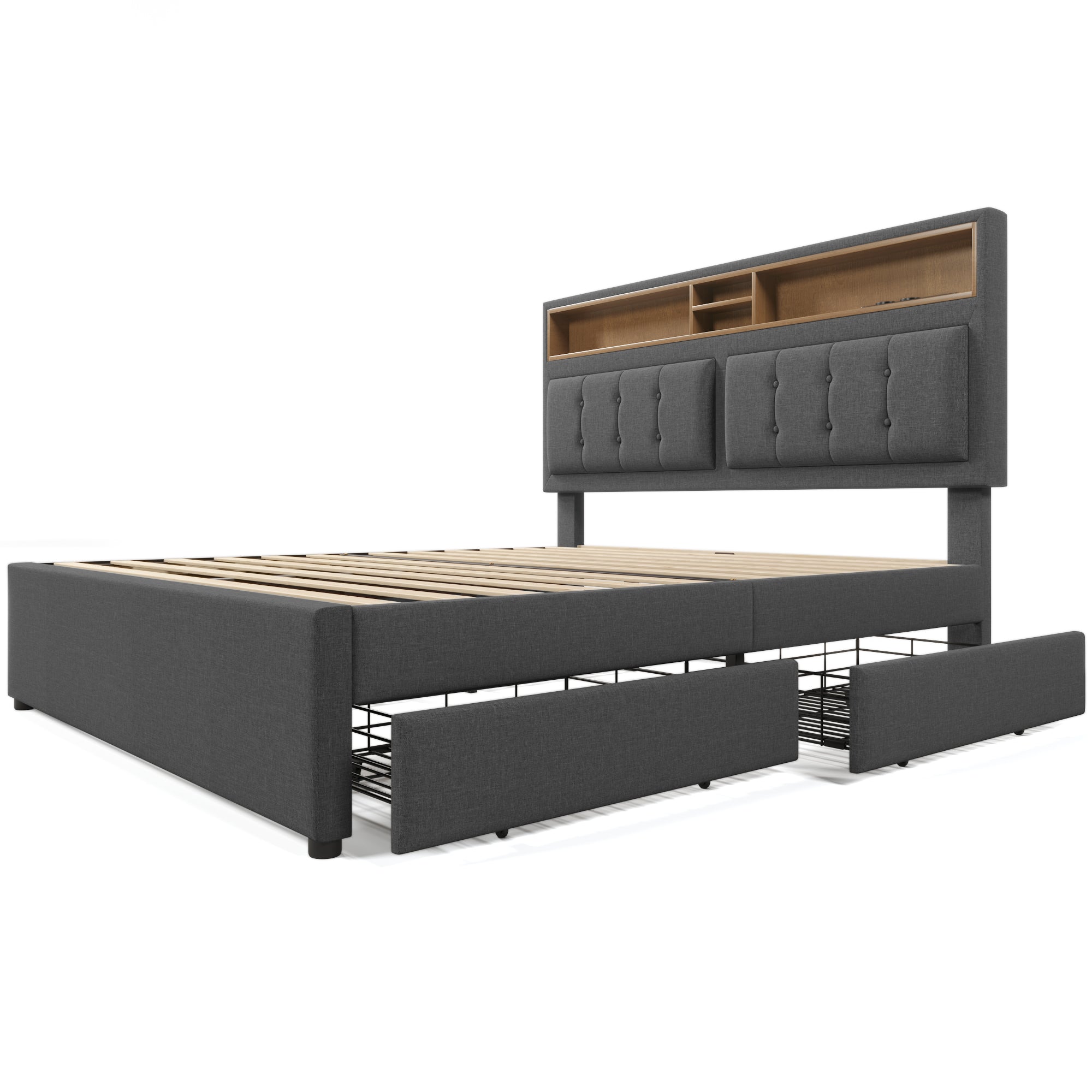 Logidon grijs gestoffeerd bed 160x200 cm met 4 lades USB C-aansluiting