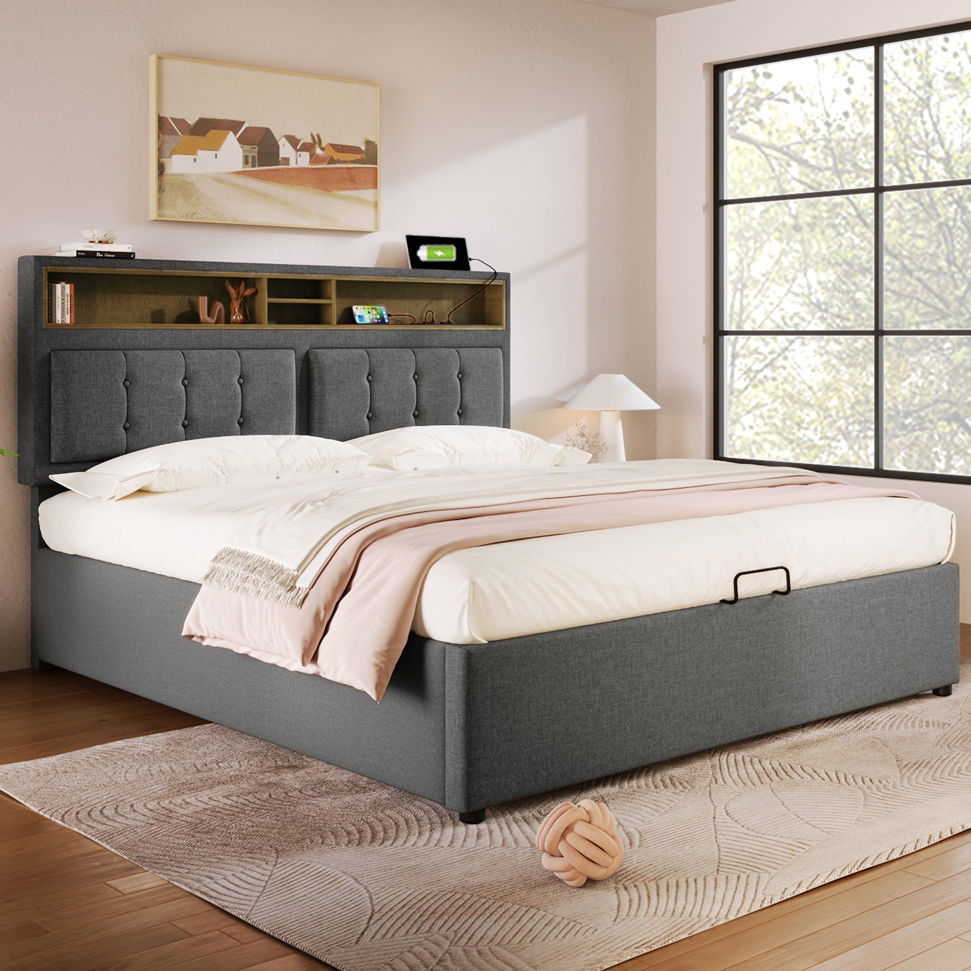 Logidon upholstered bed 140x200 gray with USB-C charging function